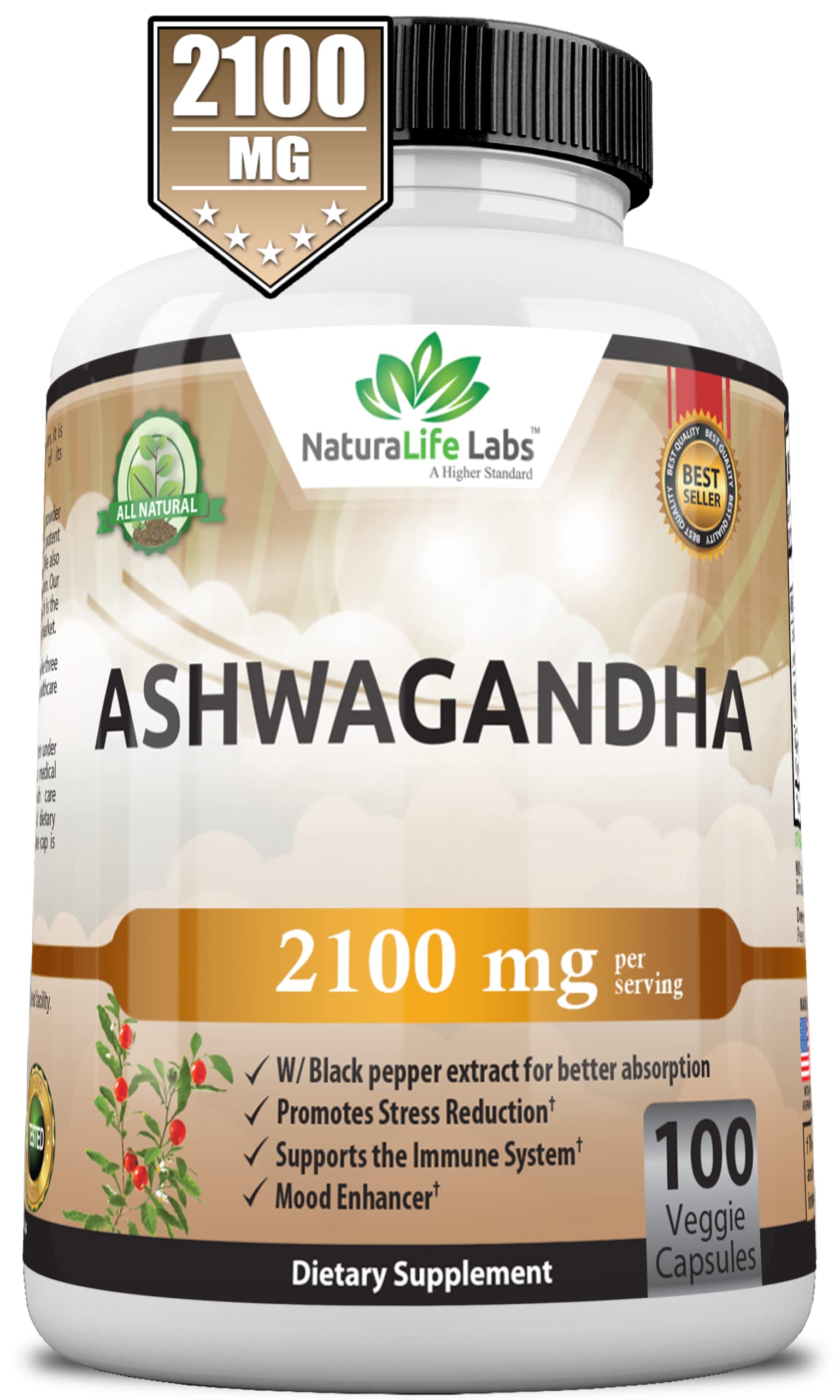 Organic Ashwagandha 2,100 mg - 100 Vegan Capsules Pure Organic Ashwagandha Powder NaturaLife Labs A Higher Standard