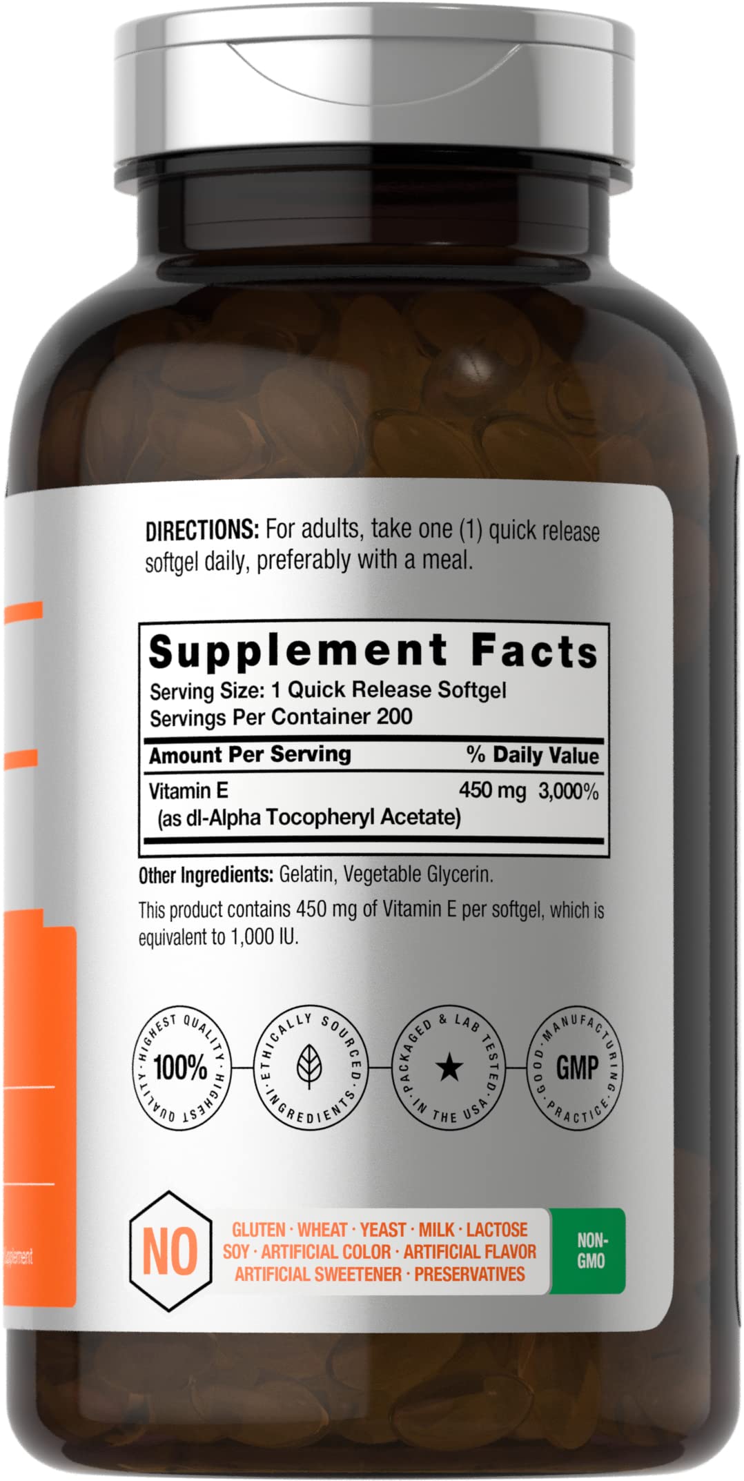 Vitamin E 1000 IU Softgel Capsules | 200 Count | Non-GMO, Gluten Free, Preservative Free Horbäach