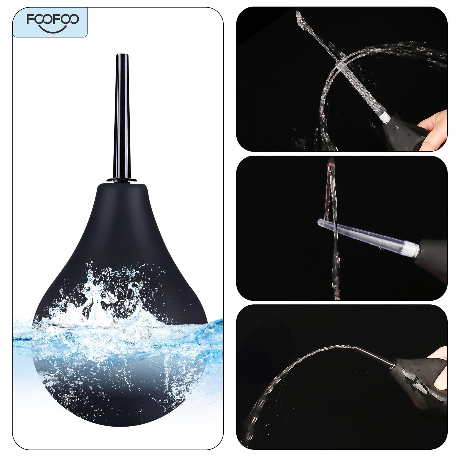 Enema Bulb 7.6oz Douche Enema Kit Includes 4 Nozzles for Women & Men Black with Storage Bag FOOFOO