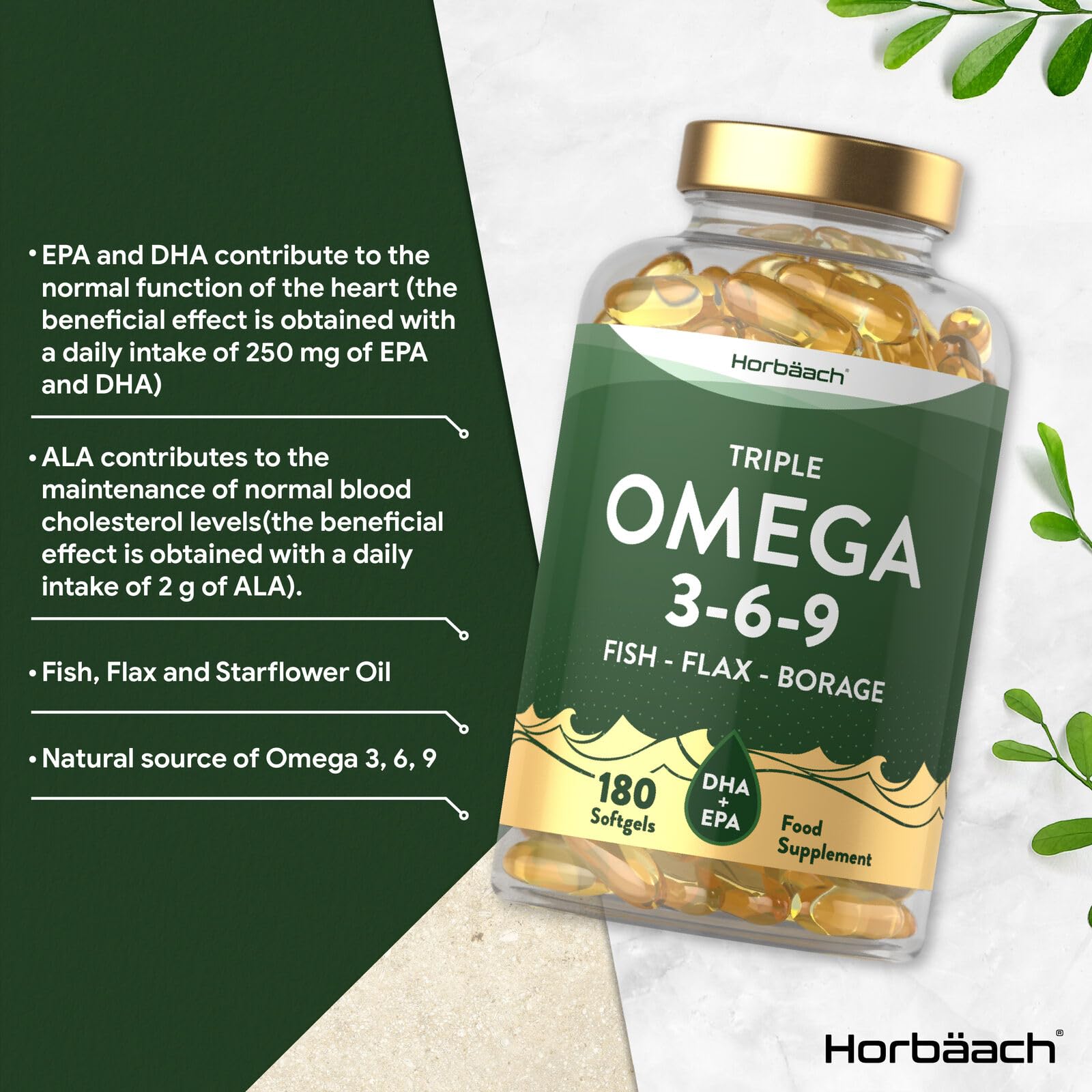 Triple Omega 3 6 9 Capsules | 180 Count | High Strength Supplement with DHA Horbäach