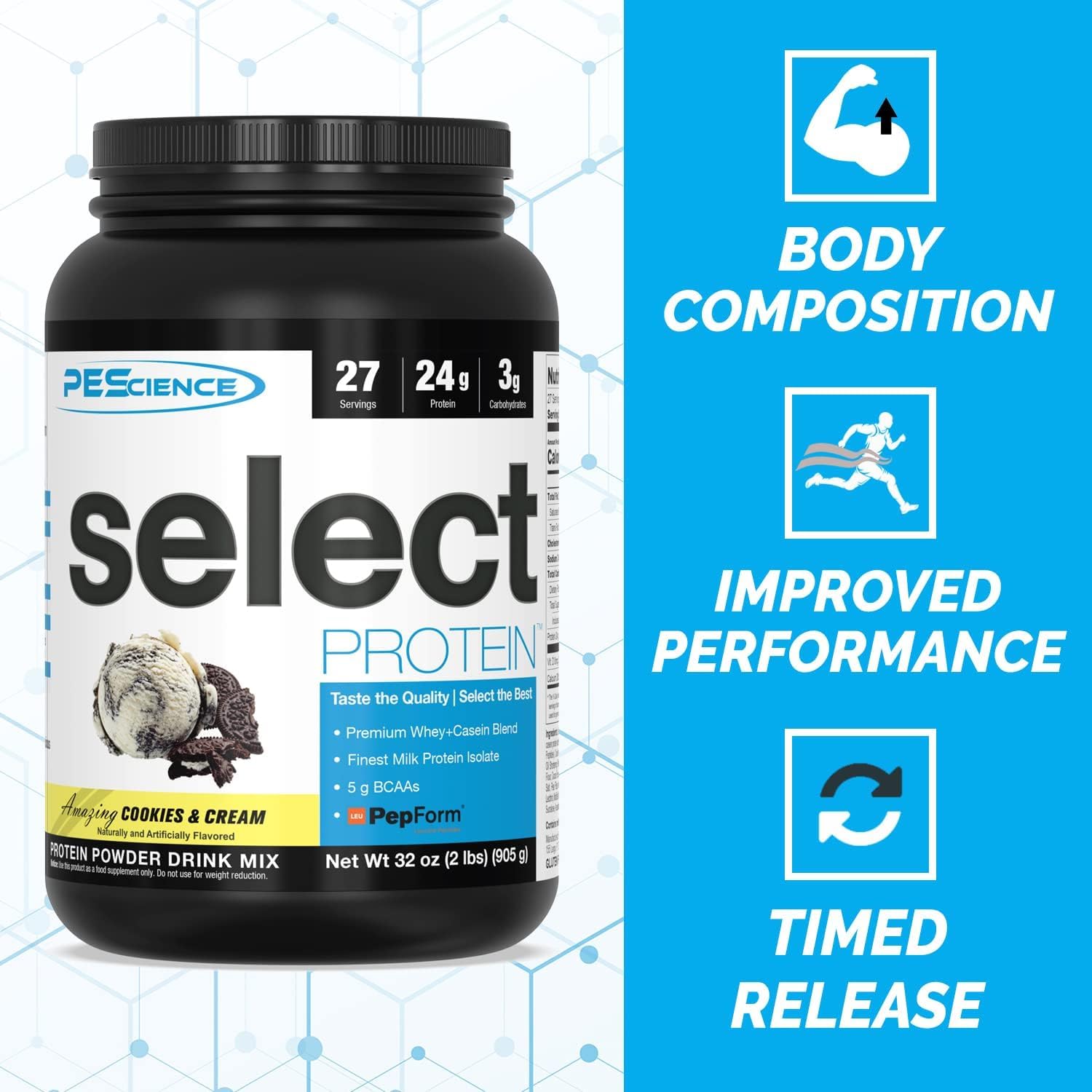 PEScience Select Protein, Cookies and Cream, 27 Serving, Premium Whey and Casein PEScience