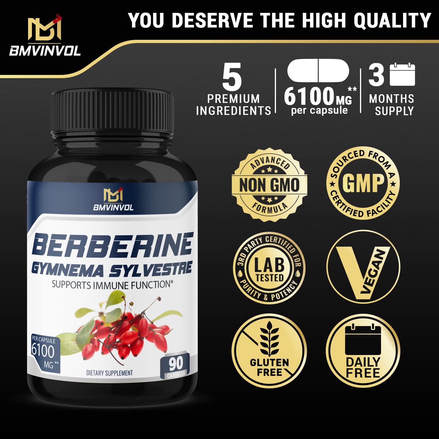 BMVINVOL 5-in-1 Berberine Supplement 6100mg with Ceylon Cinnamon, Gymnema BMVINVOL