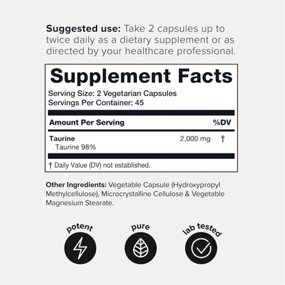 Toniiq 2000mg Taurine Supplement - High Purity Taurine Powder Capsules, 98%+ Pure