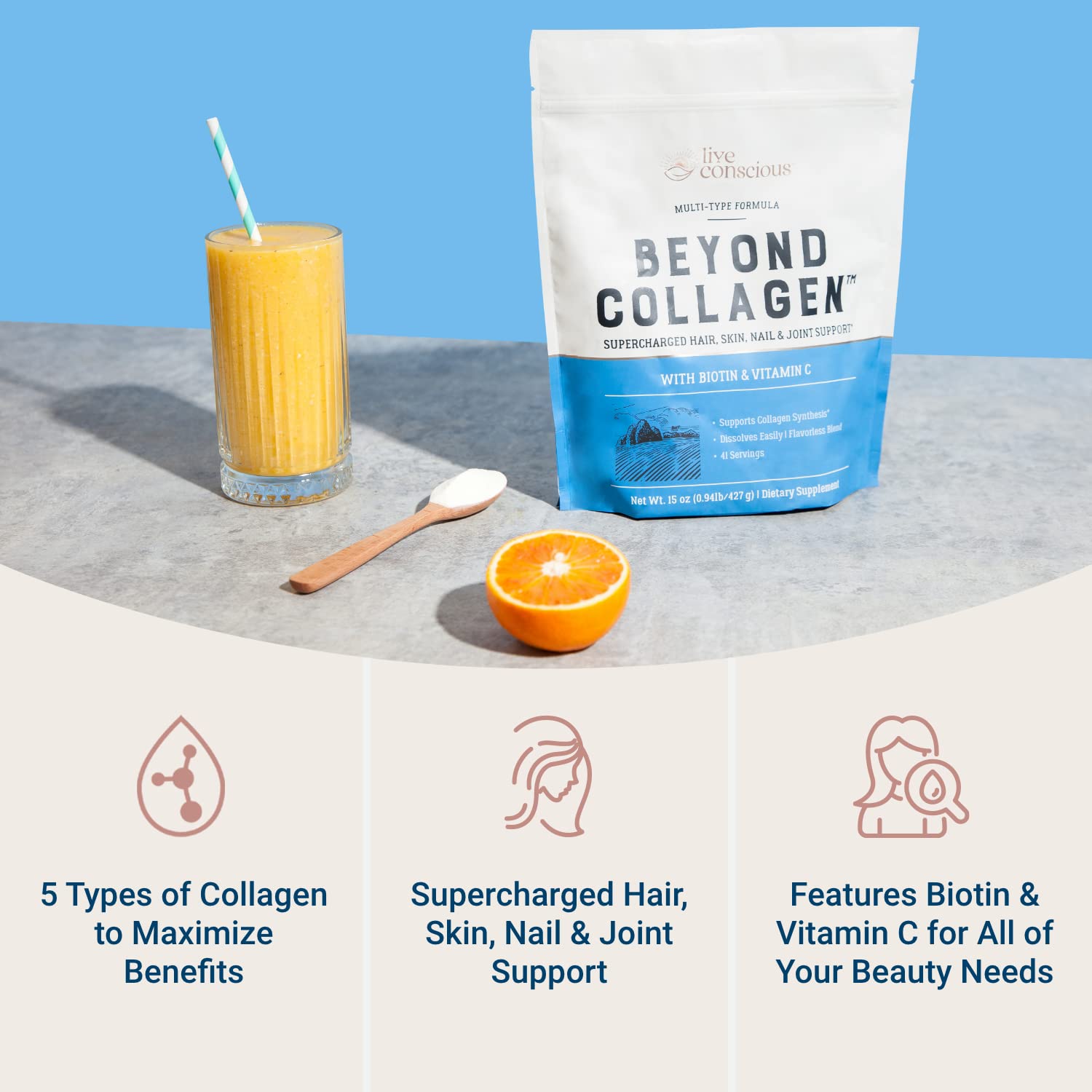 Live Conscious Beyond Collagen Multi Collagen Powder for Women w/Types I, II, III, V & X Live Conscious