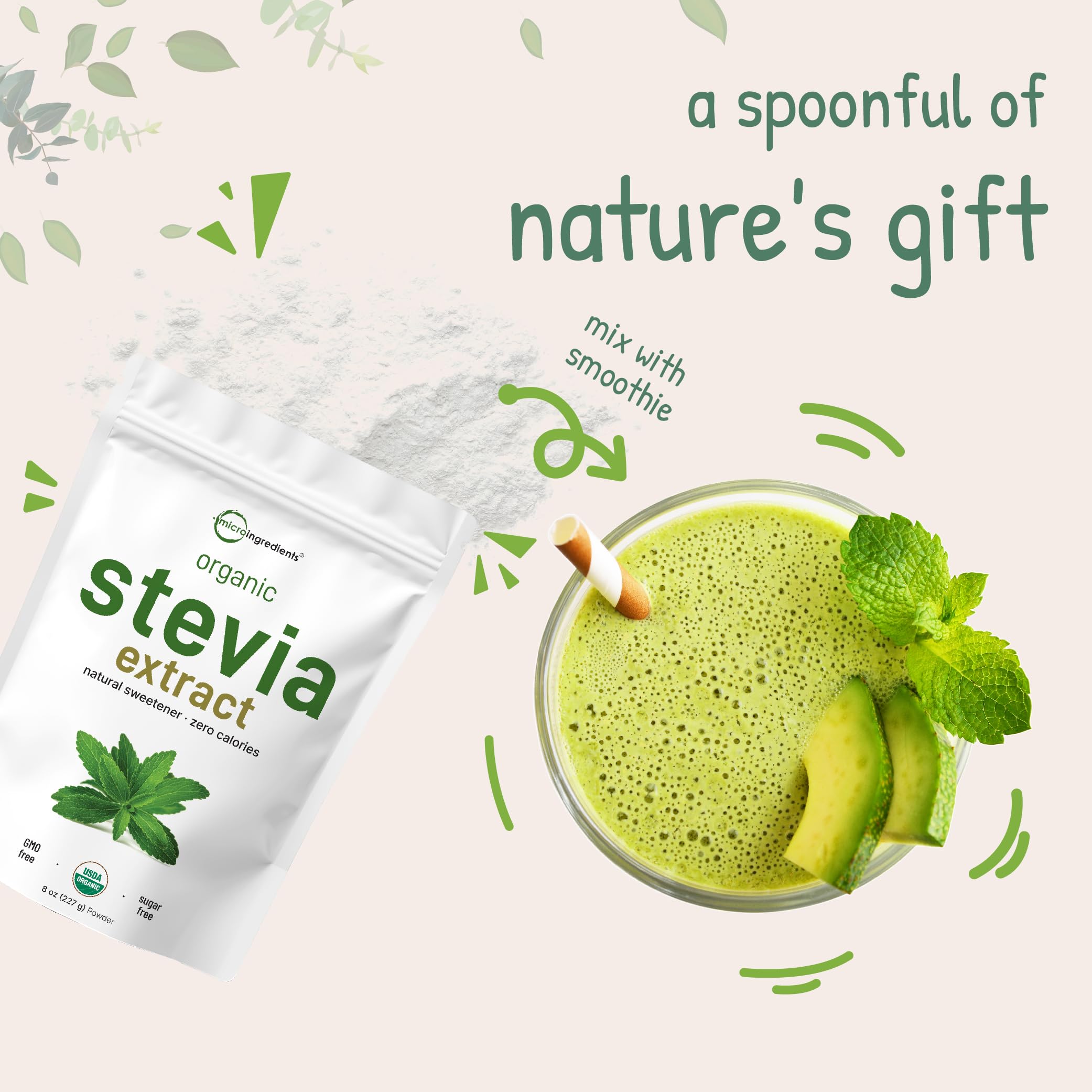 Pure Organic Stevia Powder, 8 Ounces, 1418 Serving, High Grade Stevia Green Micro Ingredients