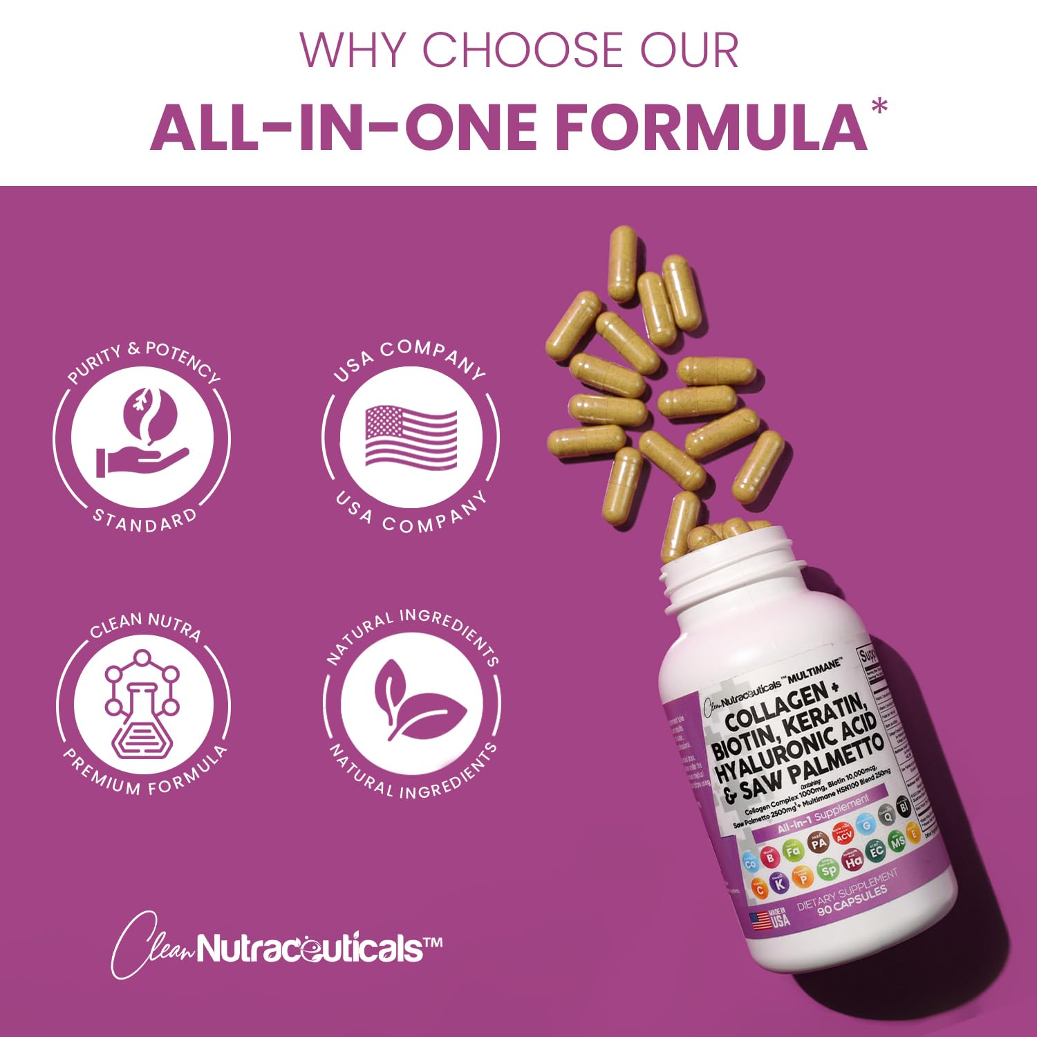 Collagen Pills 1000mg Biotin 10000mcg Keratin Saw Palmetto 2500mg 90 Ct