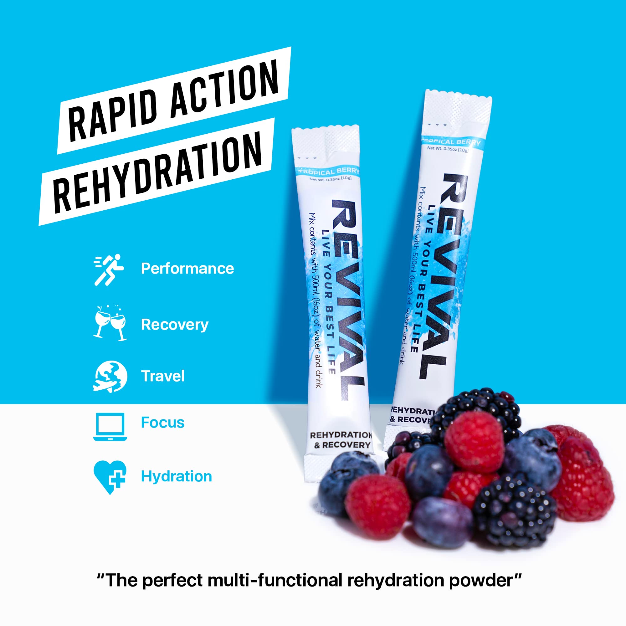 Revival Rapid Rehydration, Electrolytes Powder - High Strength Vitamin C, B1, B3, B5, B12 Revival Shots