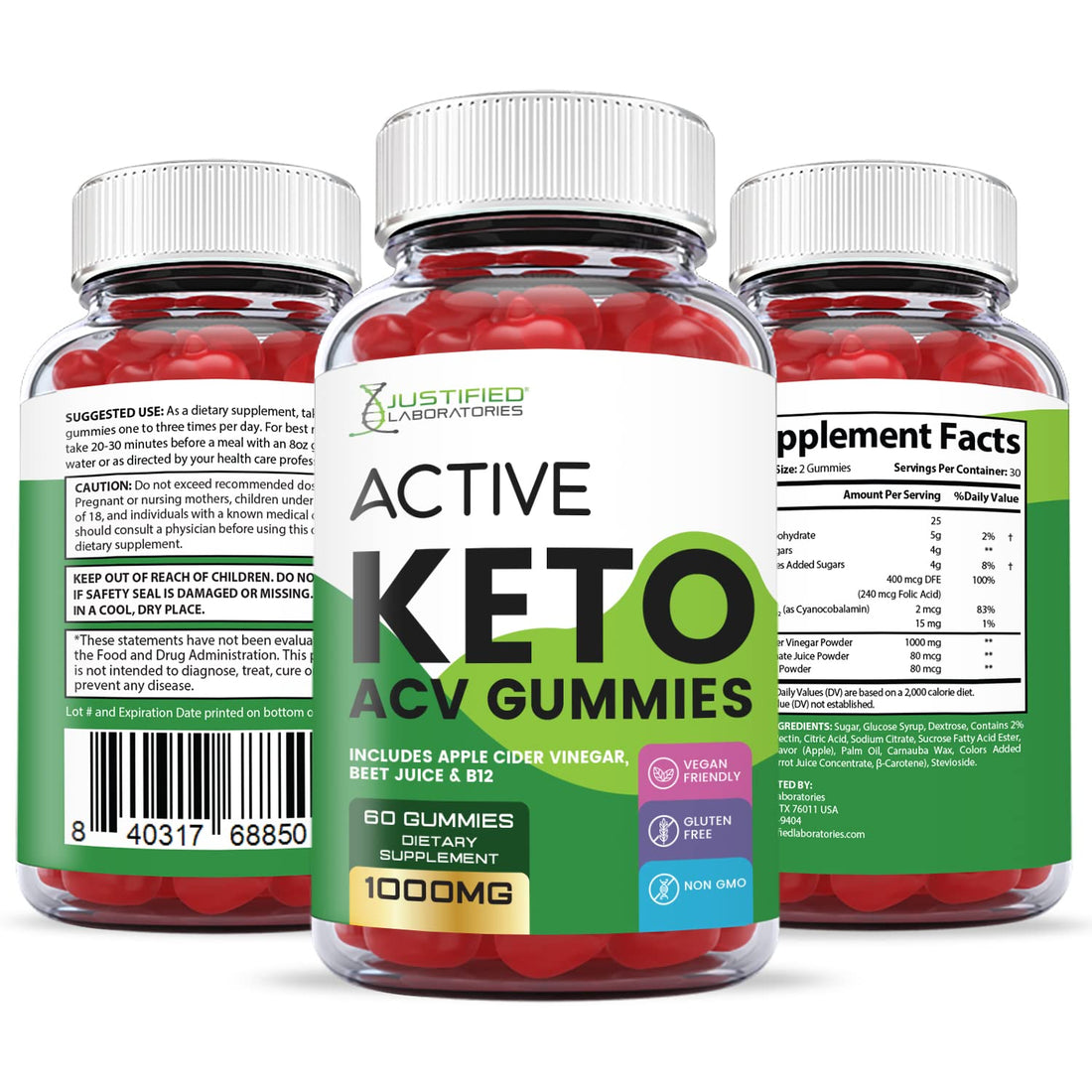 Justified Laboratories Active Keto ACV Gummies 1000MG with Pomegranate Juice Beet 
