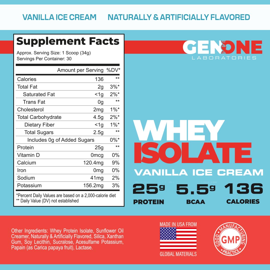 GenOne Whey Protein Powder Isolate, 25g Protein and 5.5g BCAAs per Serving, Vanilla Ice GENONE LABORATORIES