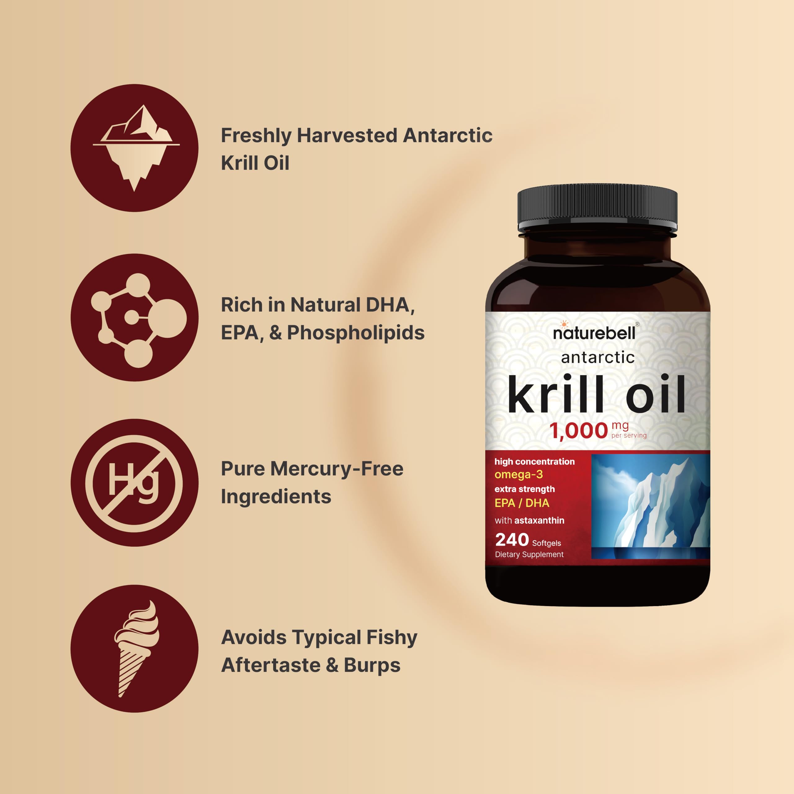 NatureBell Antarctic Krill Oil 1000mg Supplement, 240 Softgels, Natural Source of Omega-3 NatureBell