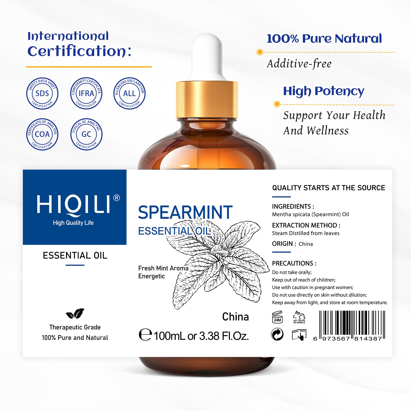 HIQILI 100ML Spearmint Essential Oil for Skin Care -100% Pure Treatment Grade - 3.38 Fl Oz. HIQILI