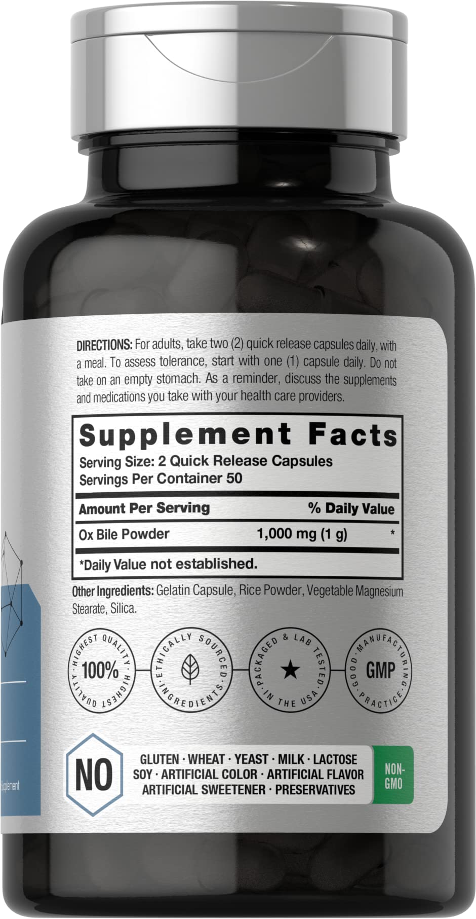 Ox Bile 1000 mg 100 Capsules | Digestive Enzymes Supplement | Non-GMO & Gluten Free Horbäach