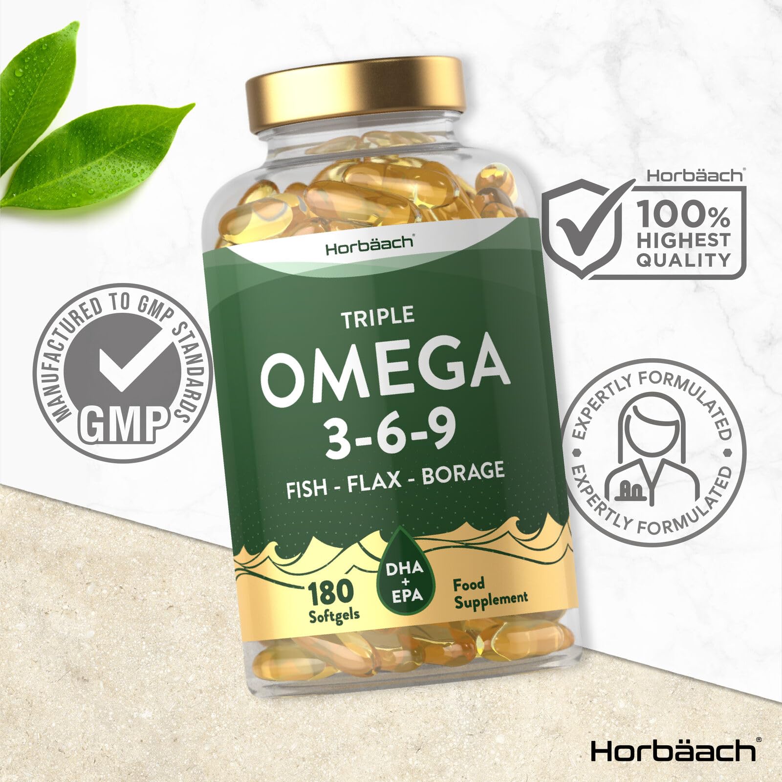 Triple Omega 3 6 9 Capsules | 180 Count | High Strength Supplement with DHA Horbäach