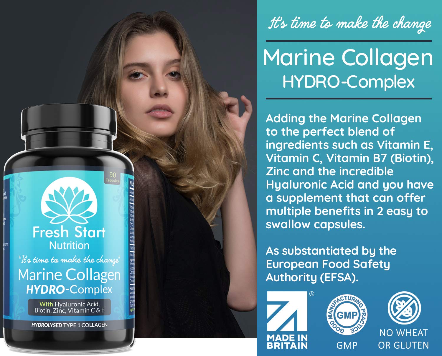Marine Collagen Tablets 1000mg - 90 Premium Type 1 Hydrolysed Collagen Capsules with Hyaluronic Acid Fresh Start Nutrition