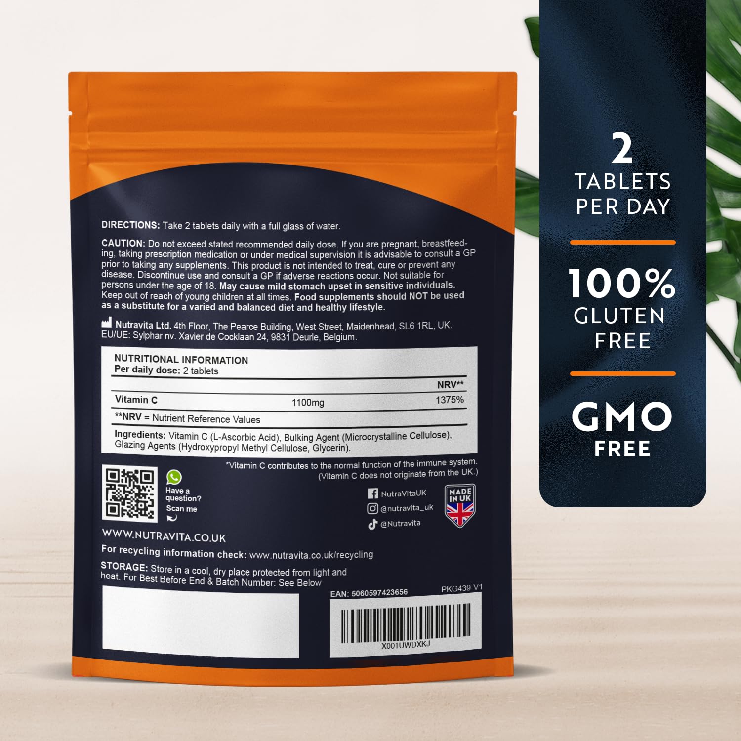 Vitamin C Tablets 1100mg – 180 Premium Vegan and Vegetarian Tablets – 3 Month Supply Nutravita