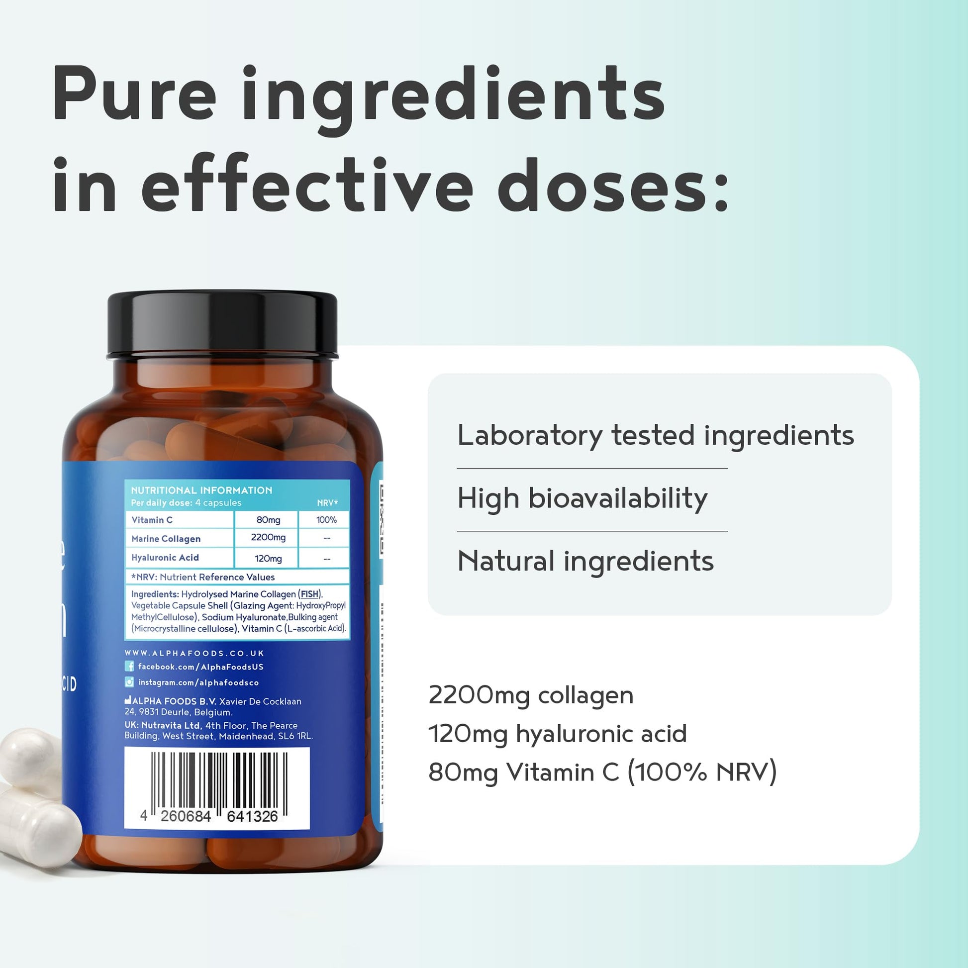 Marine Collagen Capsules 2200mg - Enhanced with Hyaluronic Acid and Vitamin C Alpha Foods