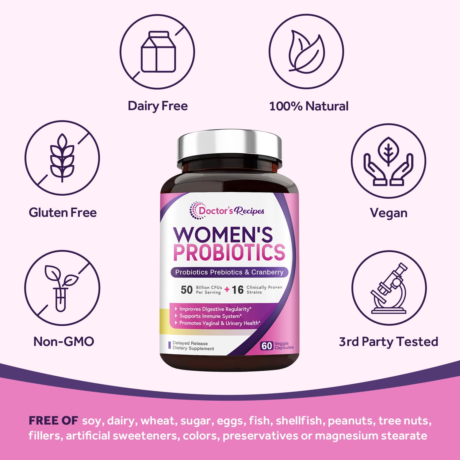 Doctor's Recipes Women's Probiotics, 50 Billion CFU 16 Strains, with Organic Prebiotics Doctor's Recipes