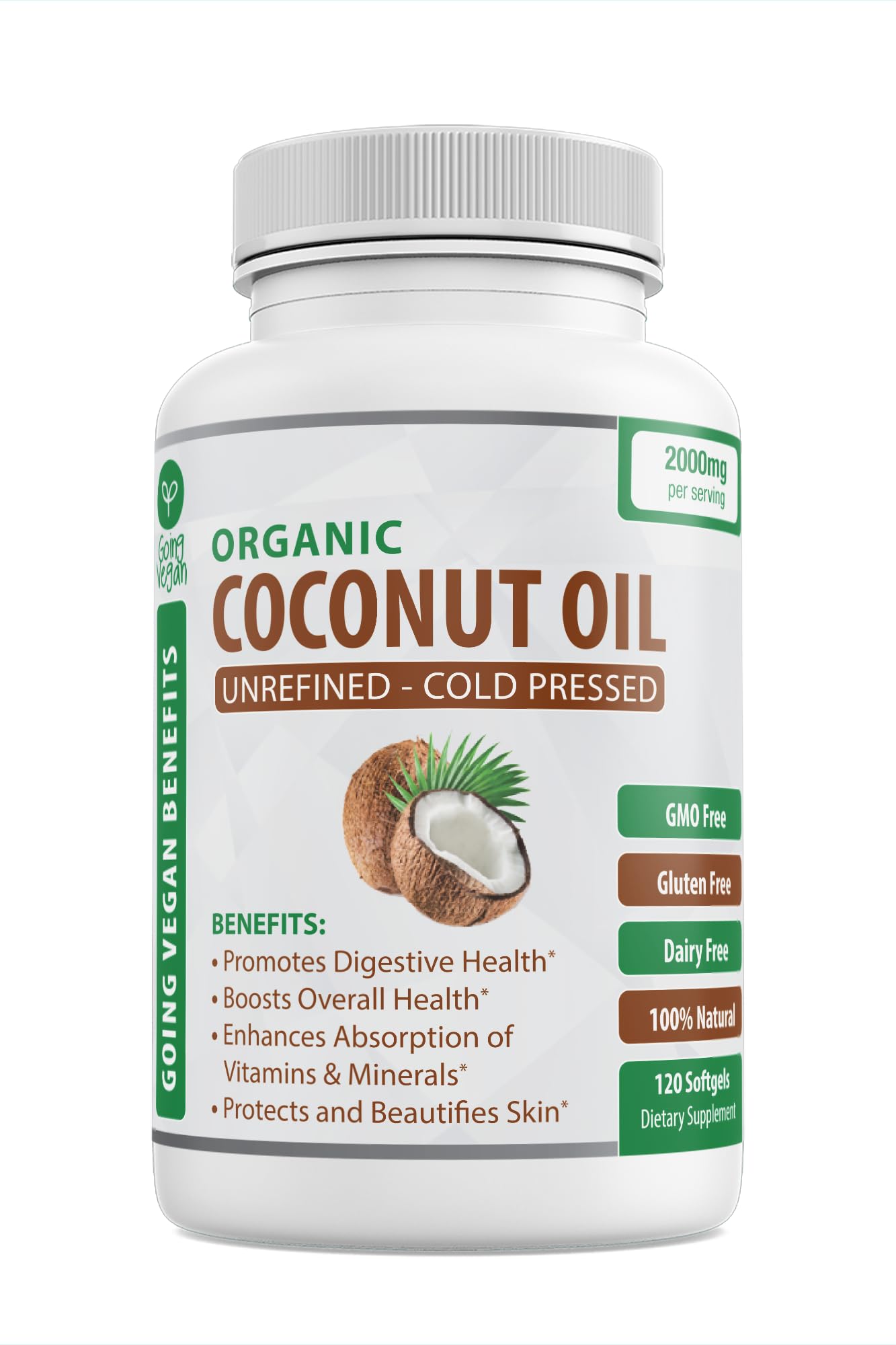 Organic Coconut Oil Capsules 2000mg - 100% Extra Virgin, Cold Pressed for Healthy Skin