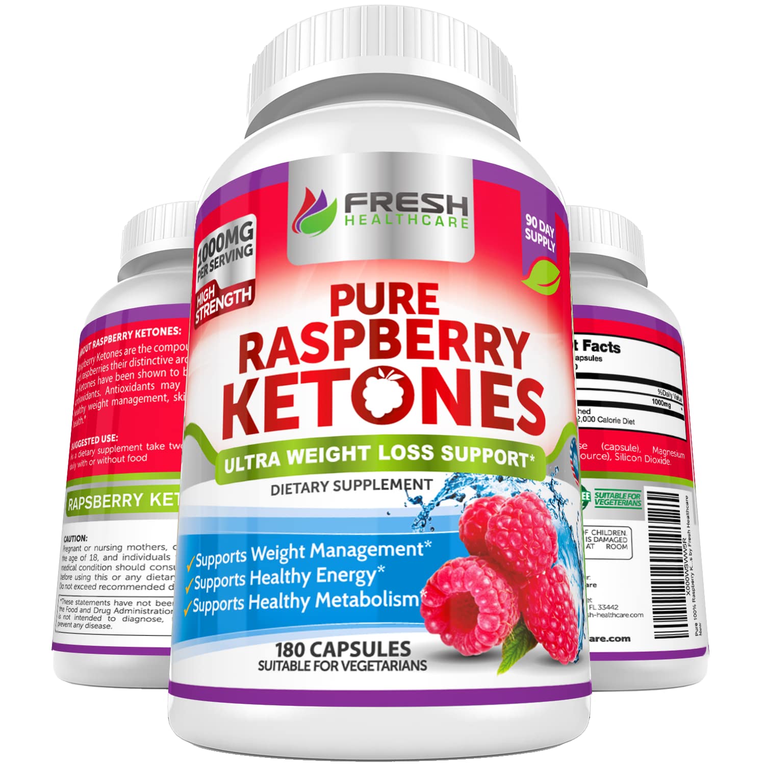 FRESH HEALTHCARE Pure 100% Raspberry Ketones Max 1000mg Per Serving - 3 Month 
