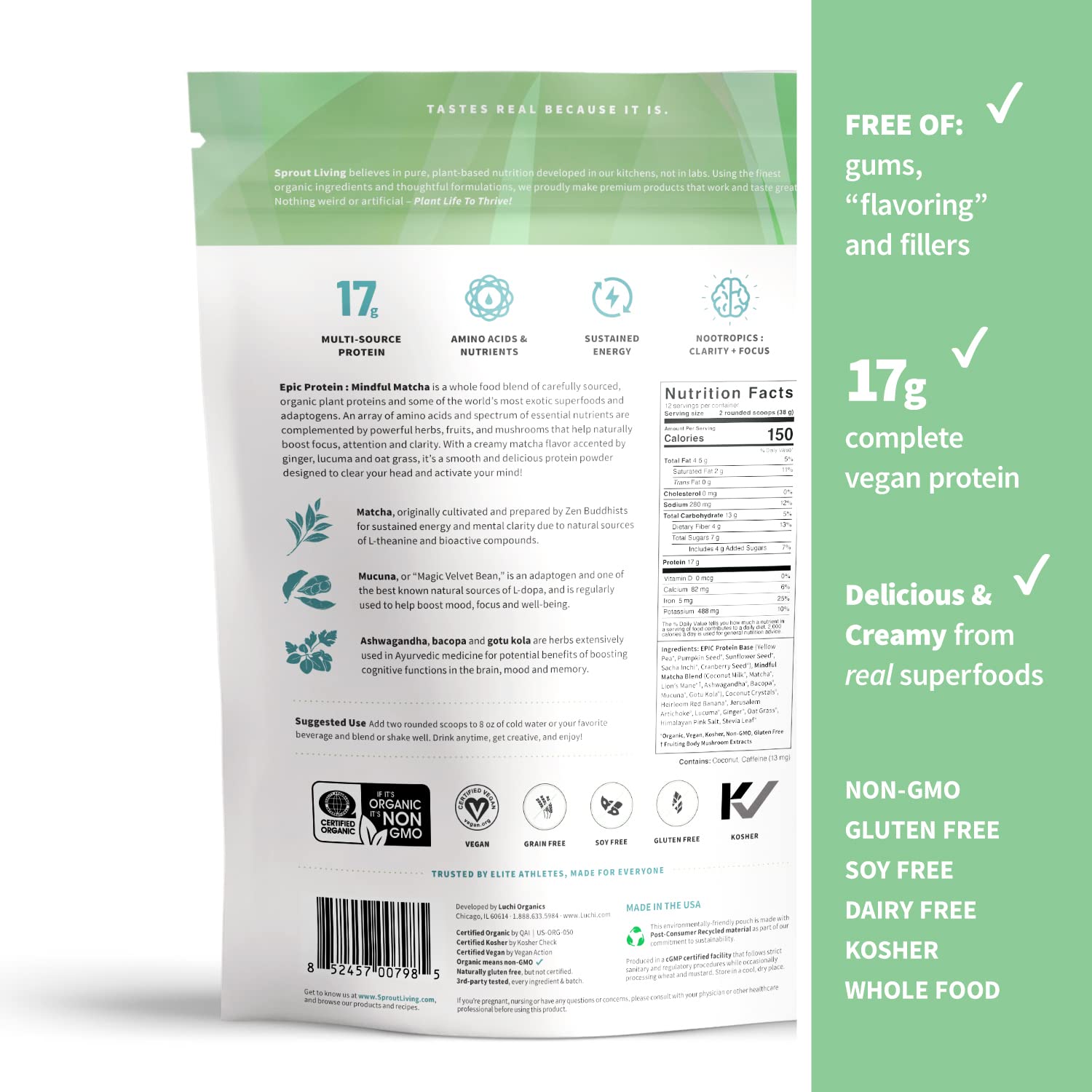 Sprout Living Epic Protein, Plant Based Protein & Superfoods Powder, Mindful Matcha Sprout Living