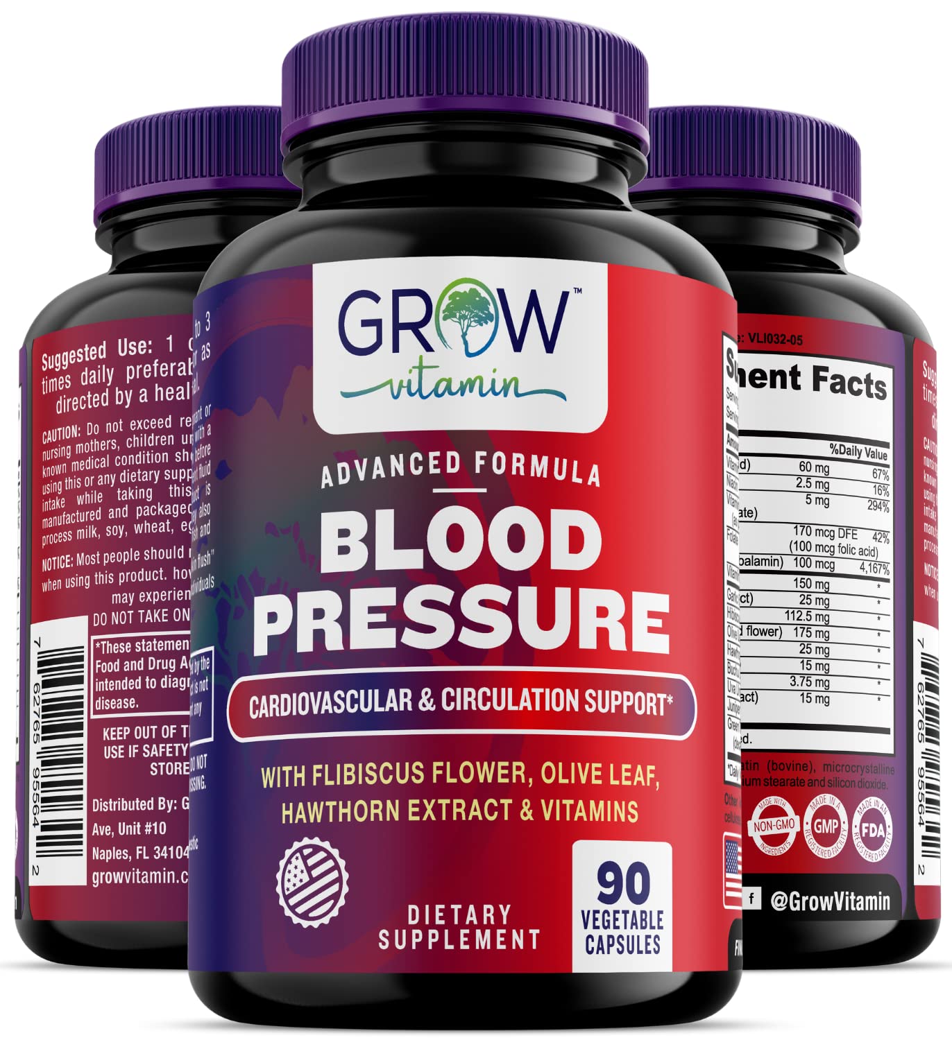 grow vitamin Blood Pressure Formula - Herbal Blend, Non-GMO, Gluten-Free - 90 Capsules