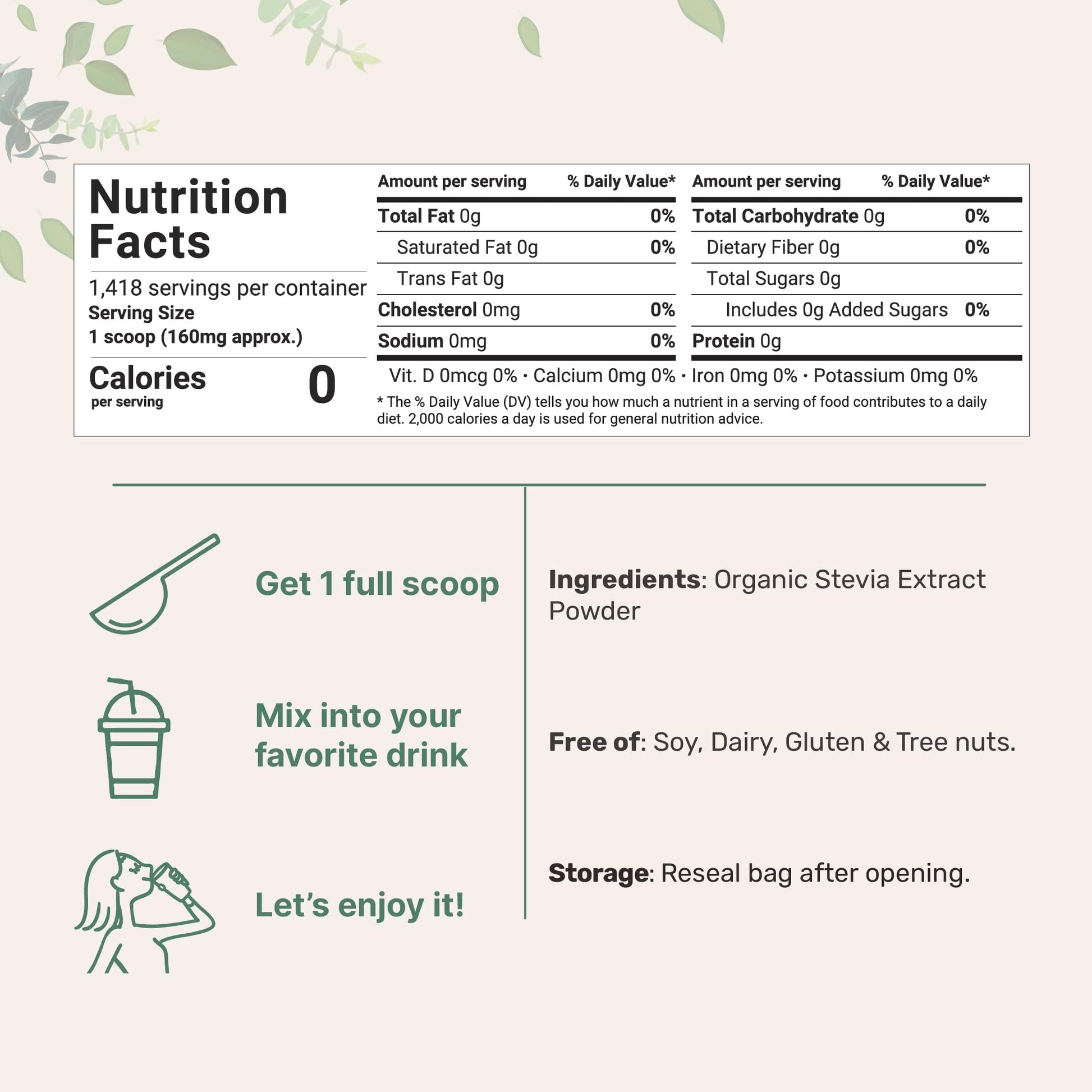 Pure Organic Stevia Powder, 8 Ounces, 1418 Serving, High Grade Stevia Green Micro Ingredients