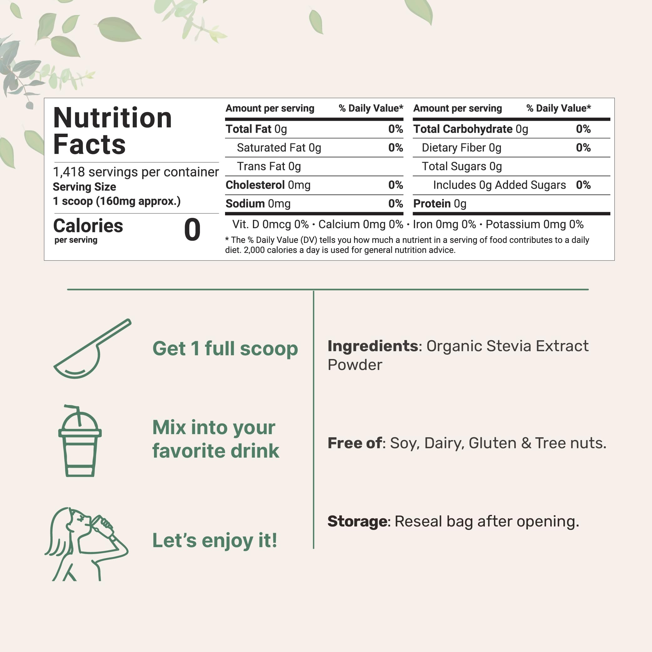 Pure Organic Stevia Powder, 8 Ounces, 1418 Serving, High Grade Stevia Green Micro Ingredients