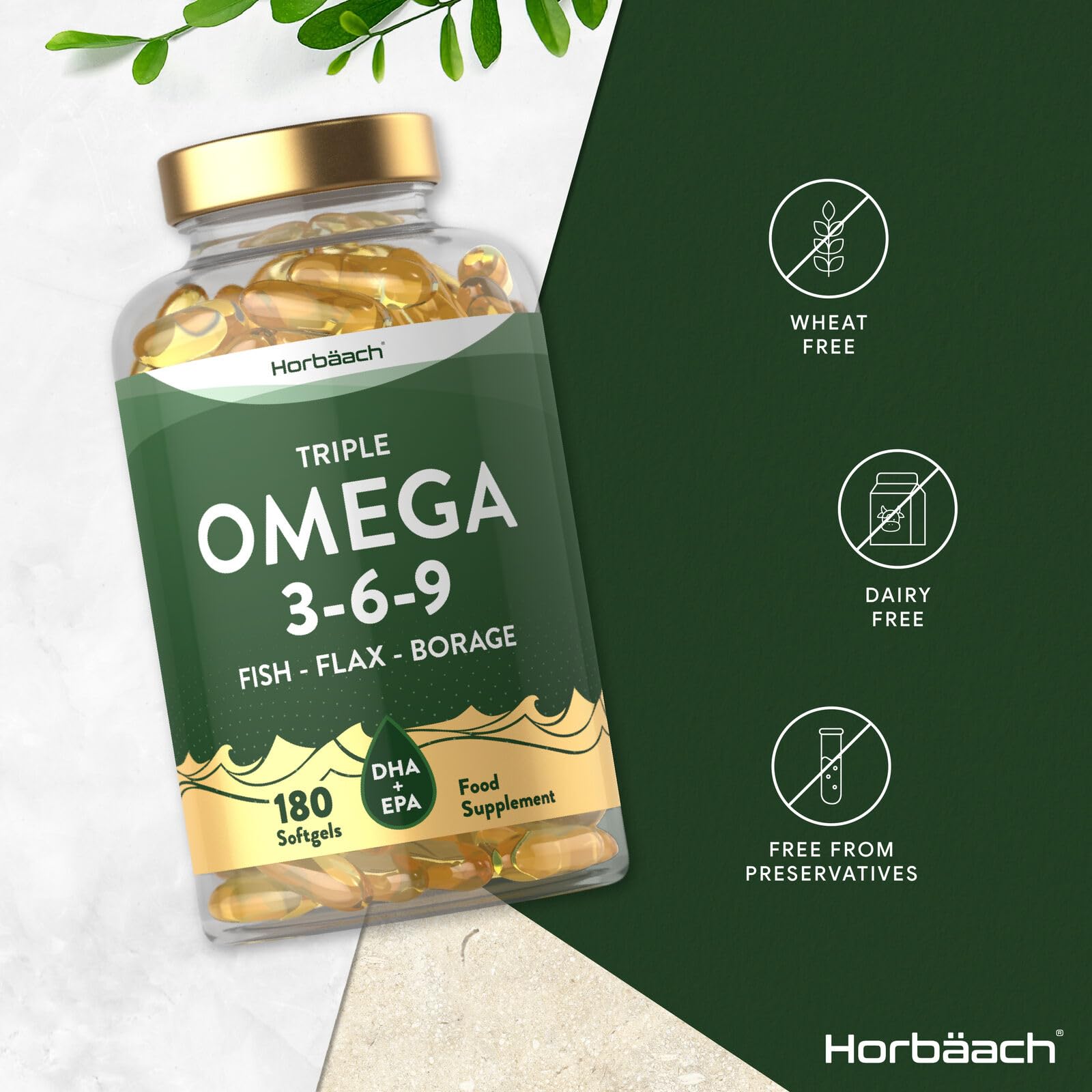 Triple Omega 3 6 9 Capsules | 180 Count | High Strength Supplement with DHA Horbäach