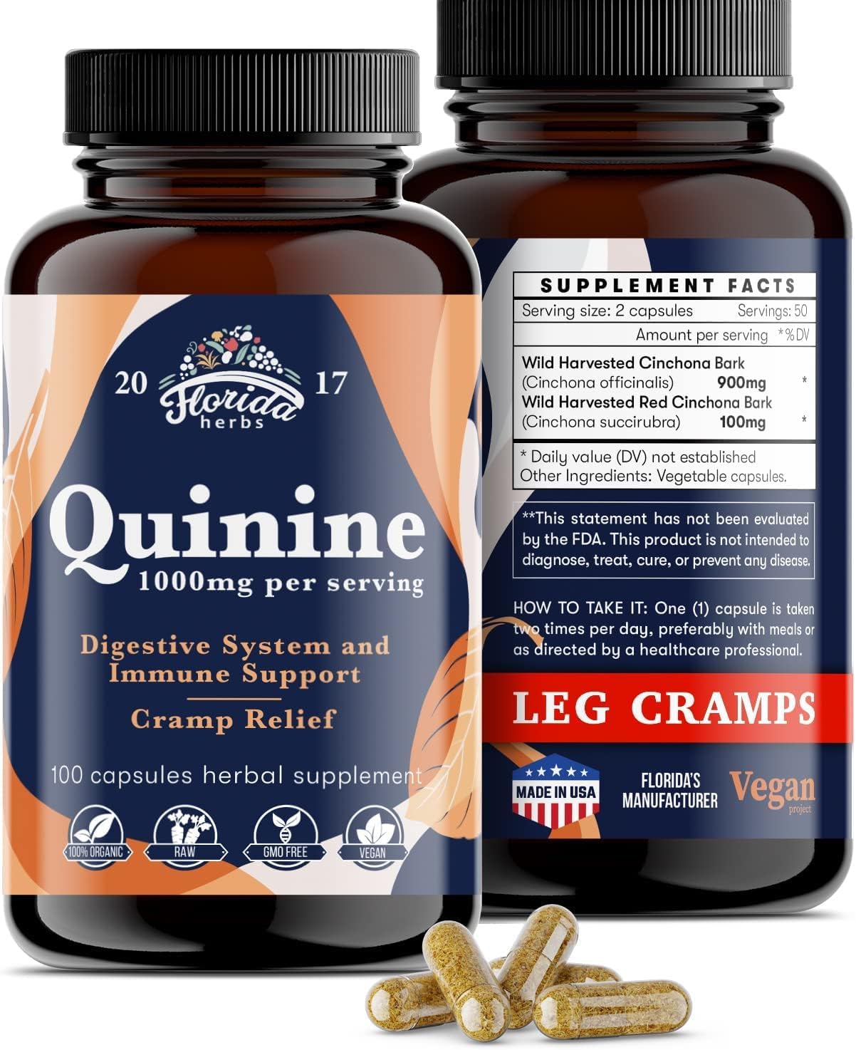Leg Cramps Support Organic Pills - 1000 mg - Quinine Tablets for Cramp Defense FLORIDA HERBS
