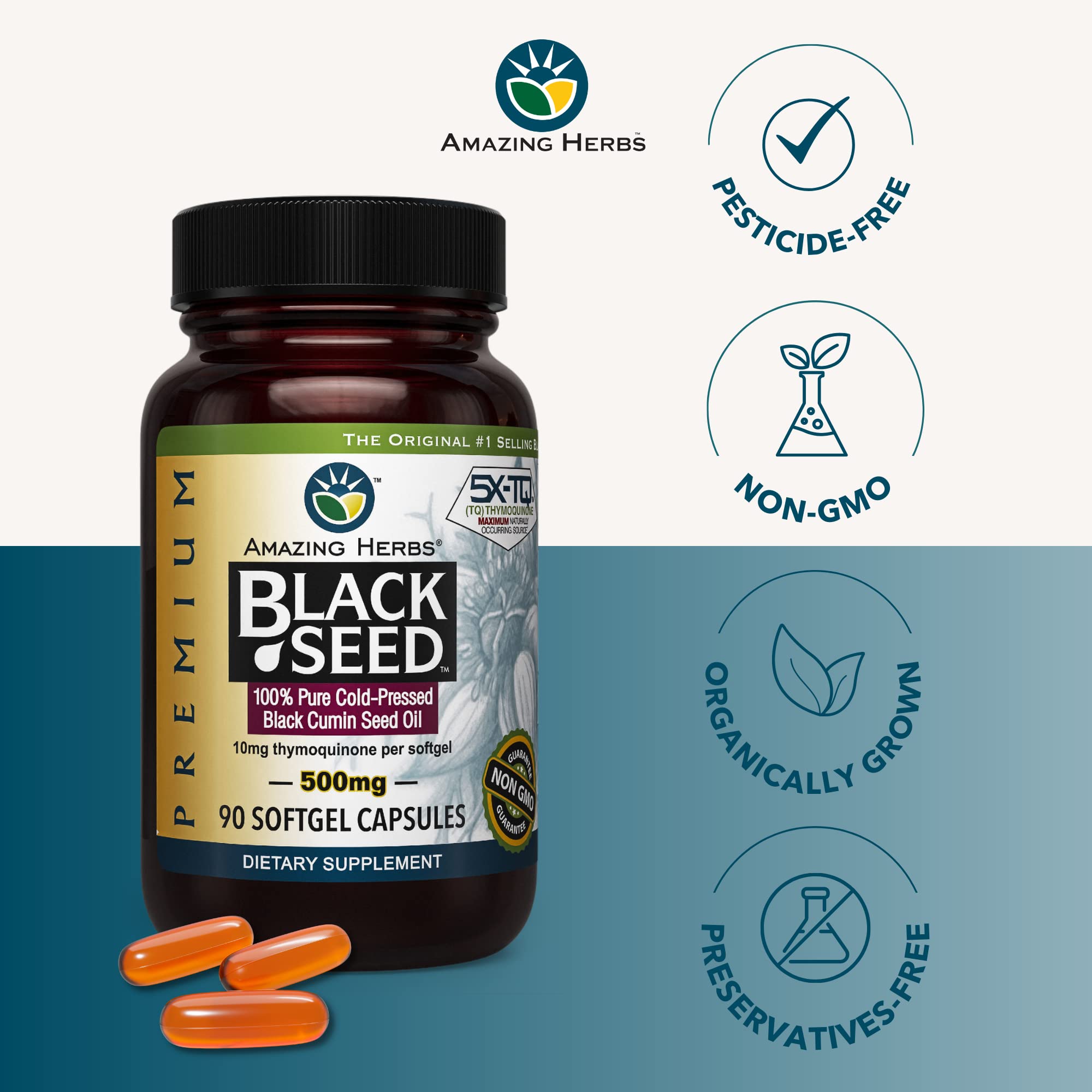 Amazing Herbs Premium Black Seed Oil Capsules - Cold Pressed Nigella Sativa Aids Amazing Herbs