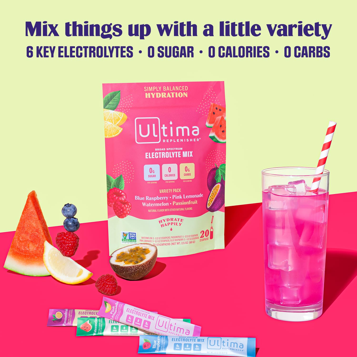 Ultima Replenisher Daily Electrolyte Drink Mix – Tropical Variety, 20 Stickpacks – Hydration Ultima Replenisher