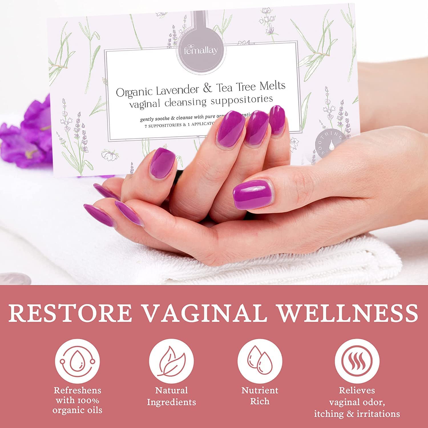 Femallay Lavender and Tea Tree Oil Vaginal Cleansing Suppositories for Hygiene, 100% Natural Melts Femallay