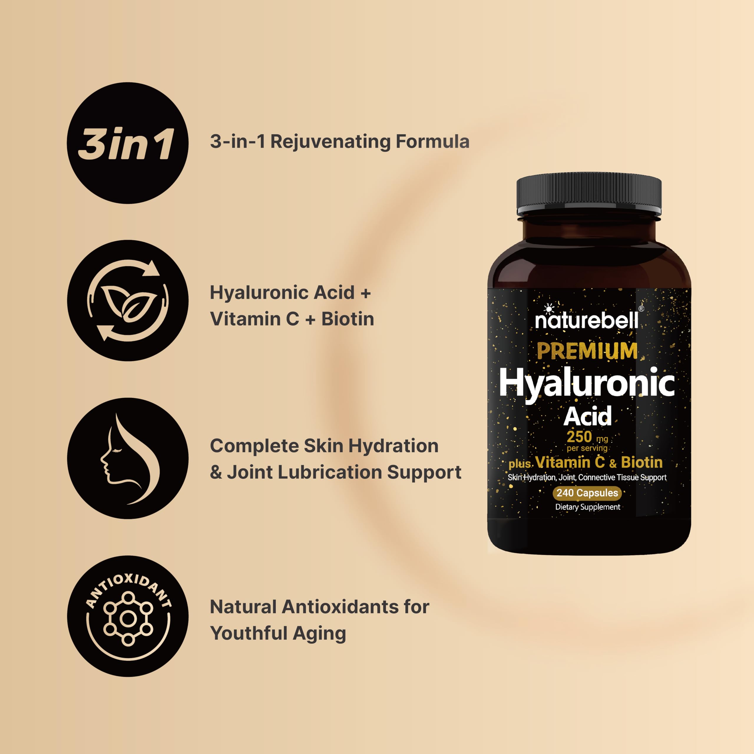 NatureBell Hyaluronic Acid Supplements 250mg | 240 Capsules, with Biotin 5000mcg NatureBell