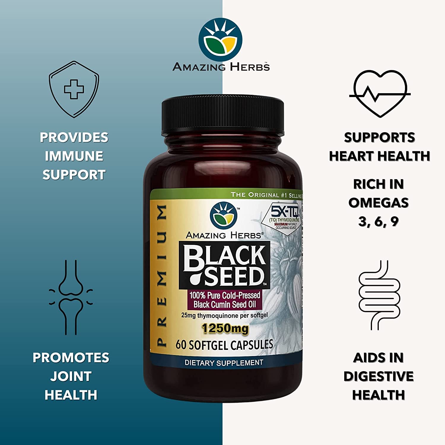 Amazing Herbs Premium Black Seed Oil Capsules - High Potency, Cold Pressed Nigella Amazing Herbs