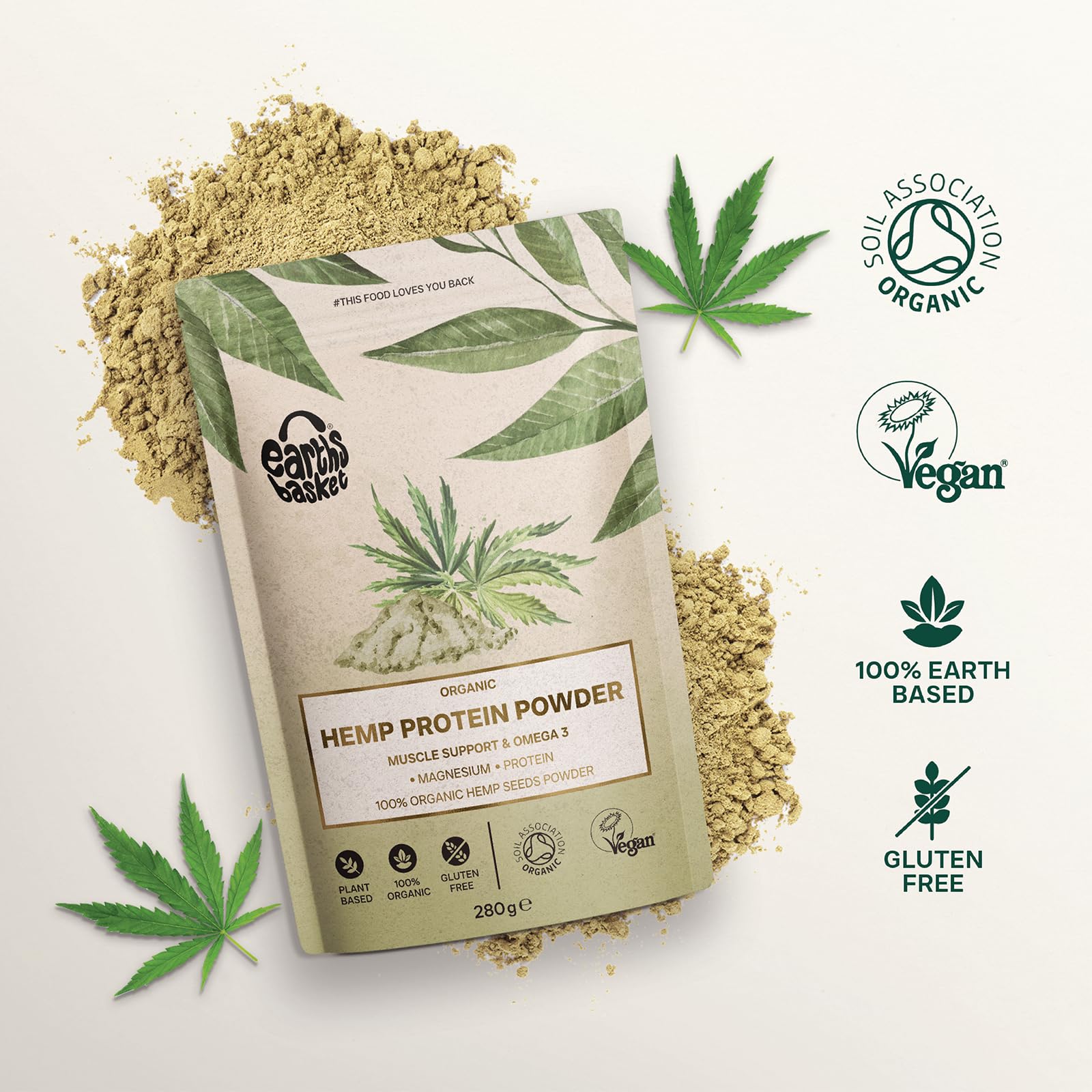 Earths Basket Organic Hemp Protein Powder,280g Natural, Unflavoured, Vegan, Gluten Free