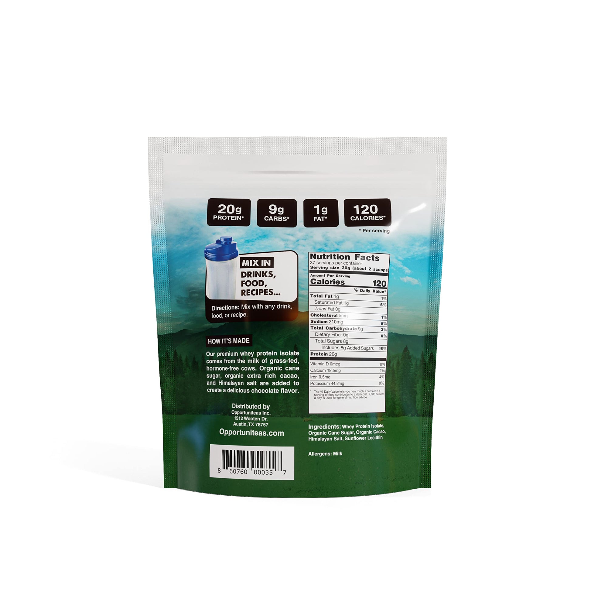 Opportuniteas Chocolate Whey Protein Powder - Grass Fed Whey Isolate + Organic Cacao Opportuniteas