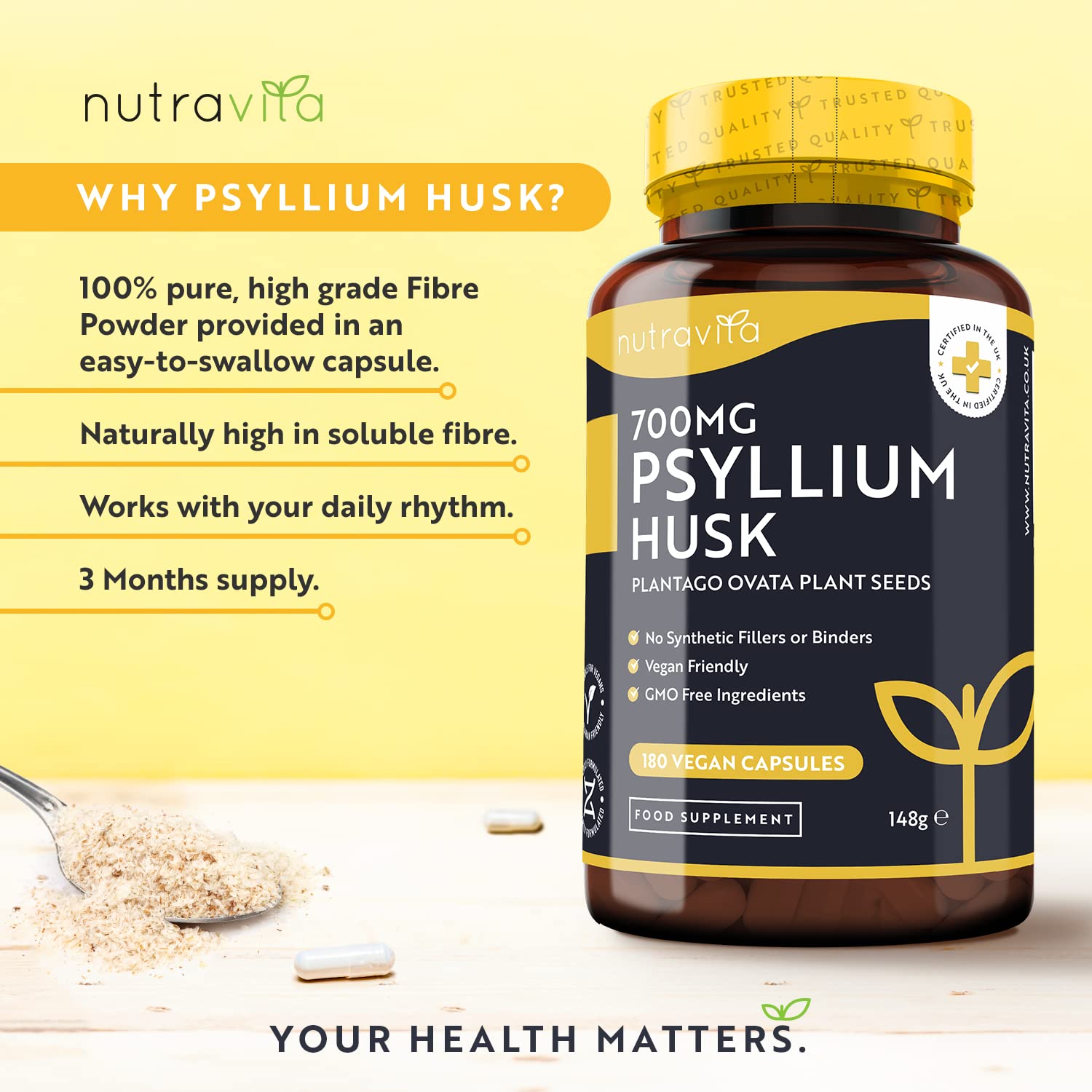 Psyllium Husks Fibre Supplement – 1400mg per Serving – Naturally High in Soluble Fibre Nutravita