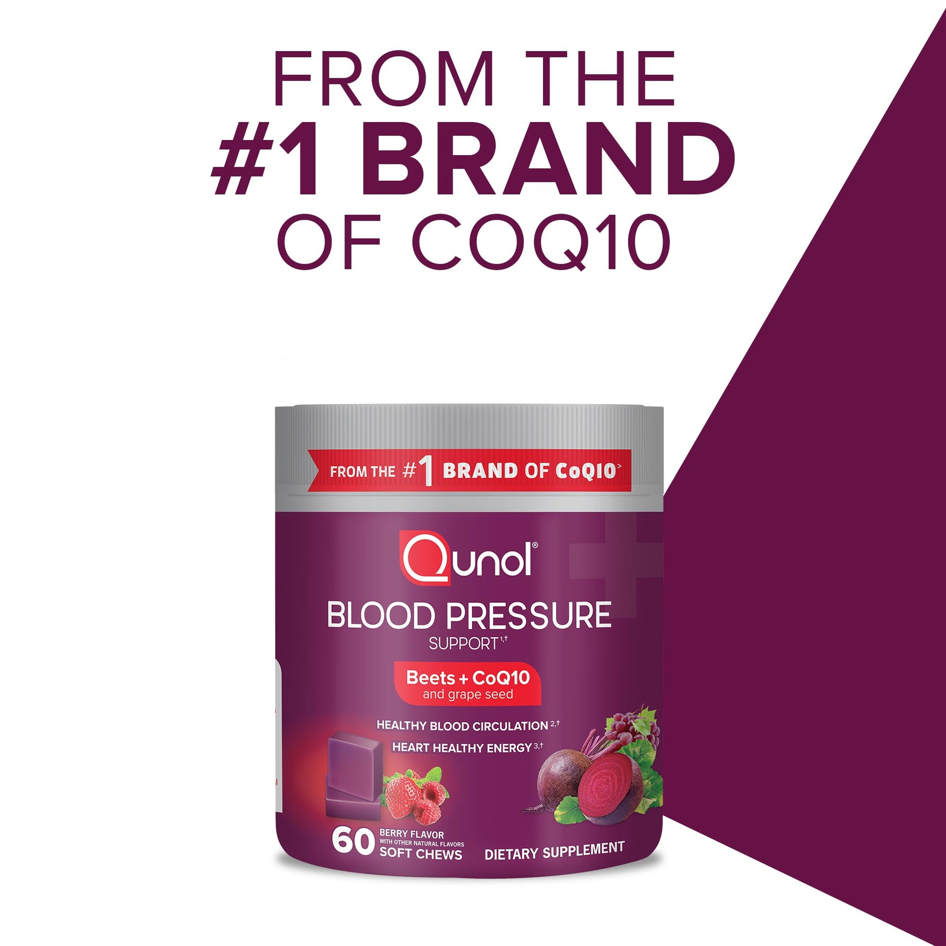 Qunol Beets Chews for Blood Pressure Support, 3 in 1 Beets + CoQ10 + Grape Seed Extract Qunol