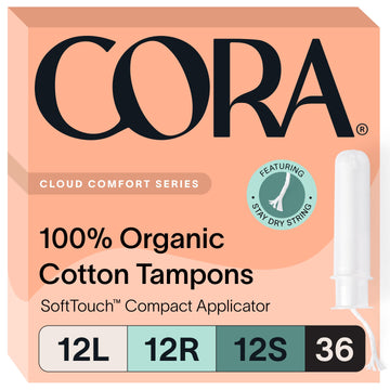 Cora Organic Applicator Tampon Multipack | 12 Light, 12 Regular, 12 Super Absorbency | 100% Organic Cotton