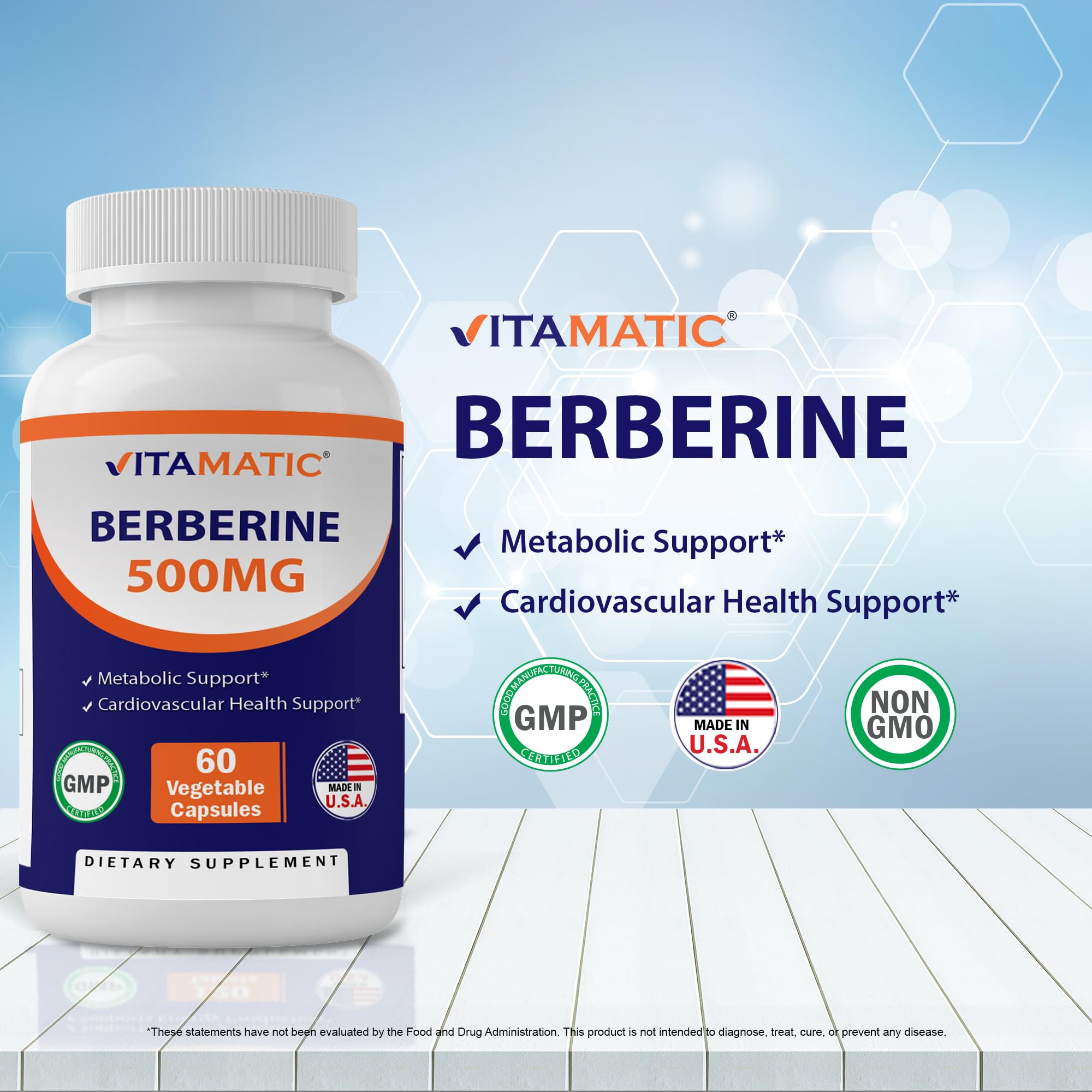 Vitamatic Berberine Supplement 500mg - 60 Vegetable Capsules - Made in The USA Vitamatic
