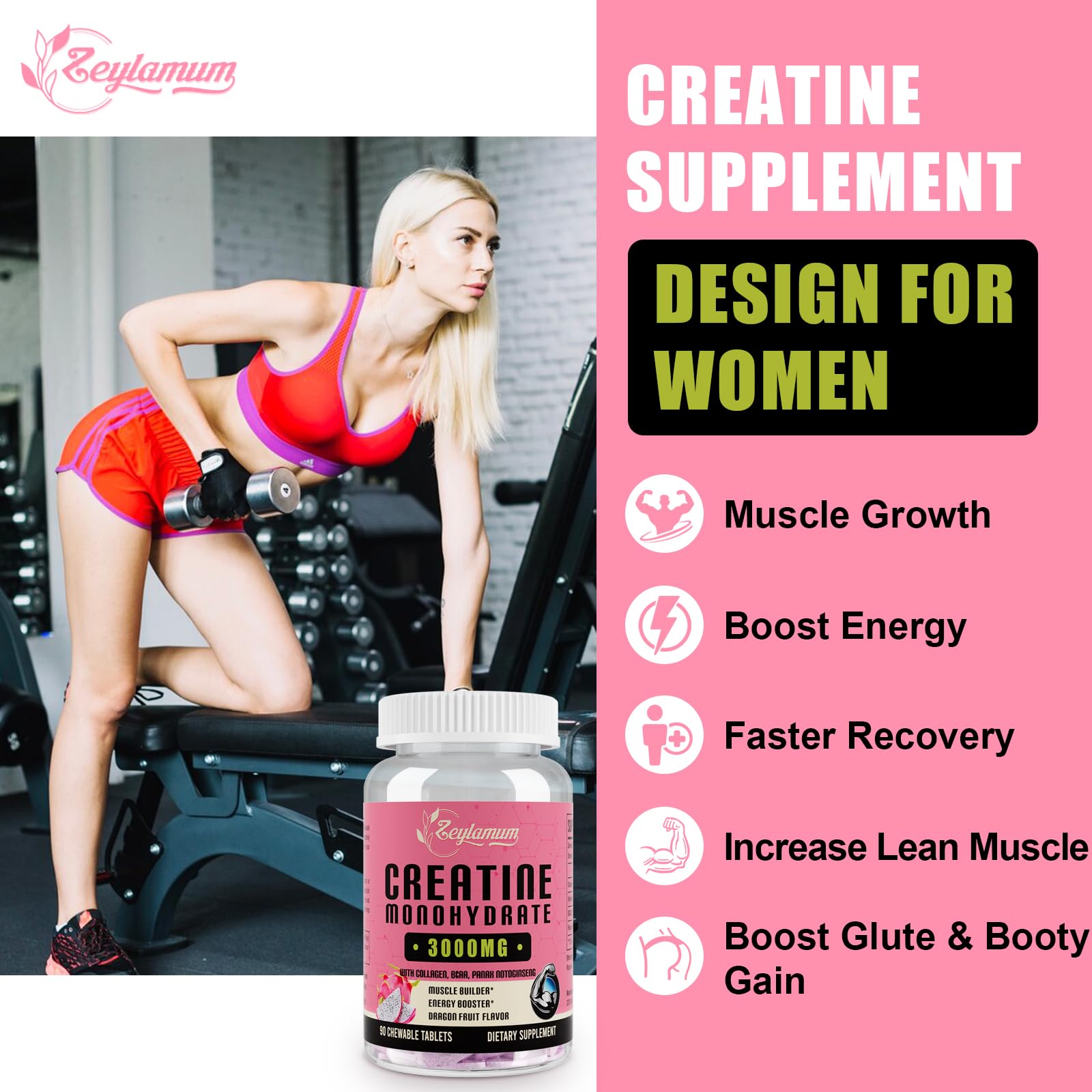 Creatine Monohydrate for Women, Creatine Supplement 3000mg, with Hydrolyzed Zeylamum