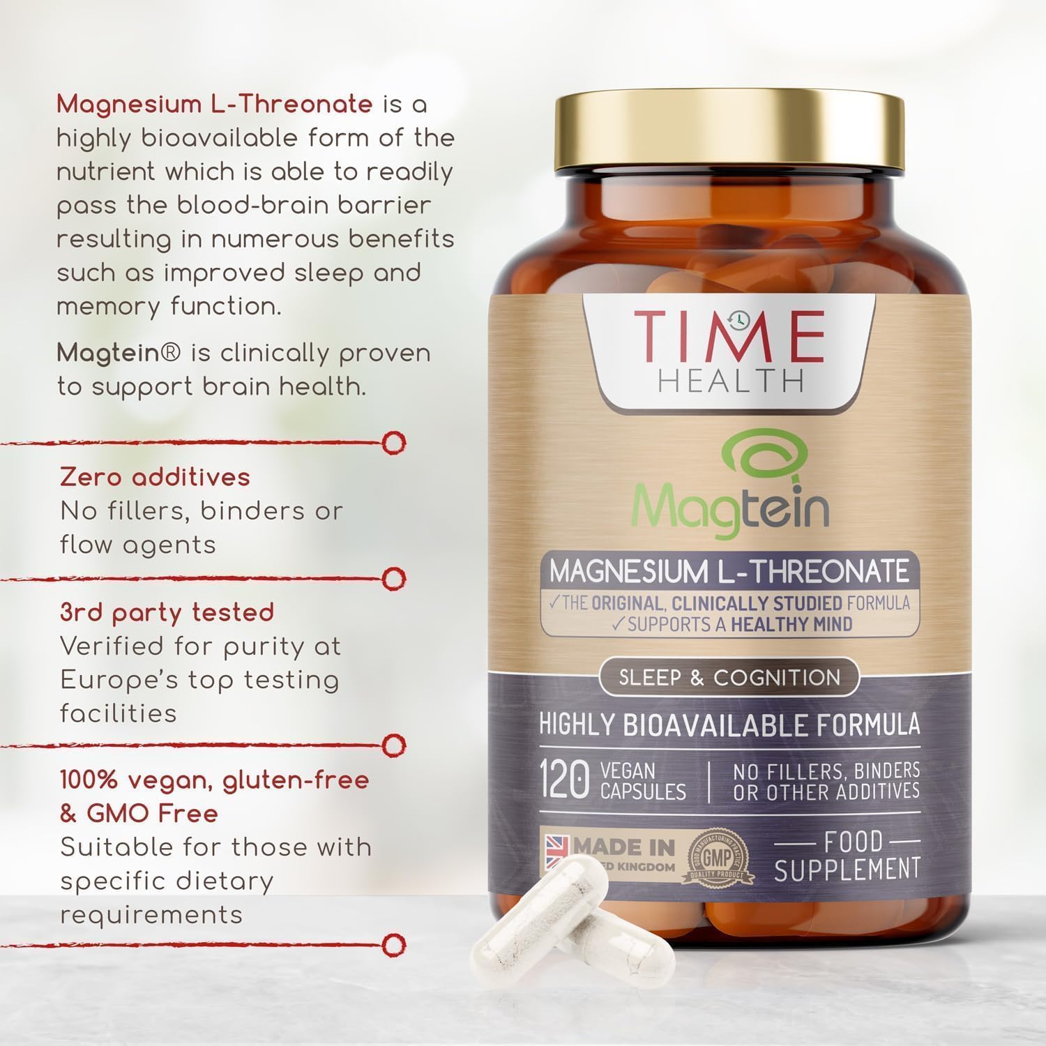 Magtein® Magnesium – 120 Capsules – High Strength 2100mg – Highly Bioavailable Time Health