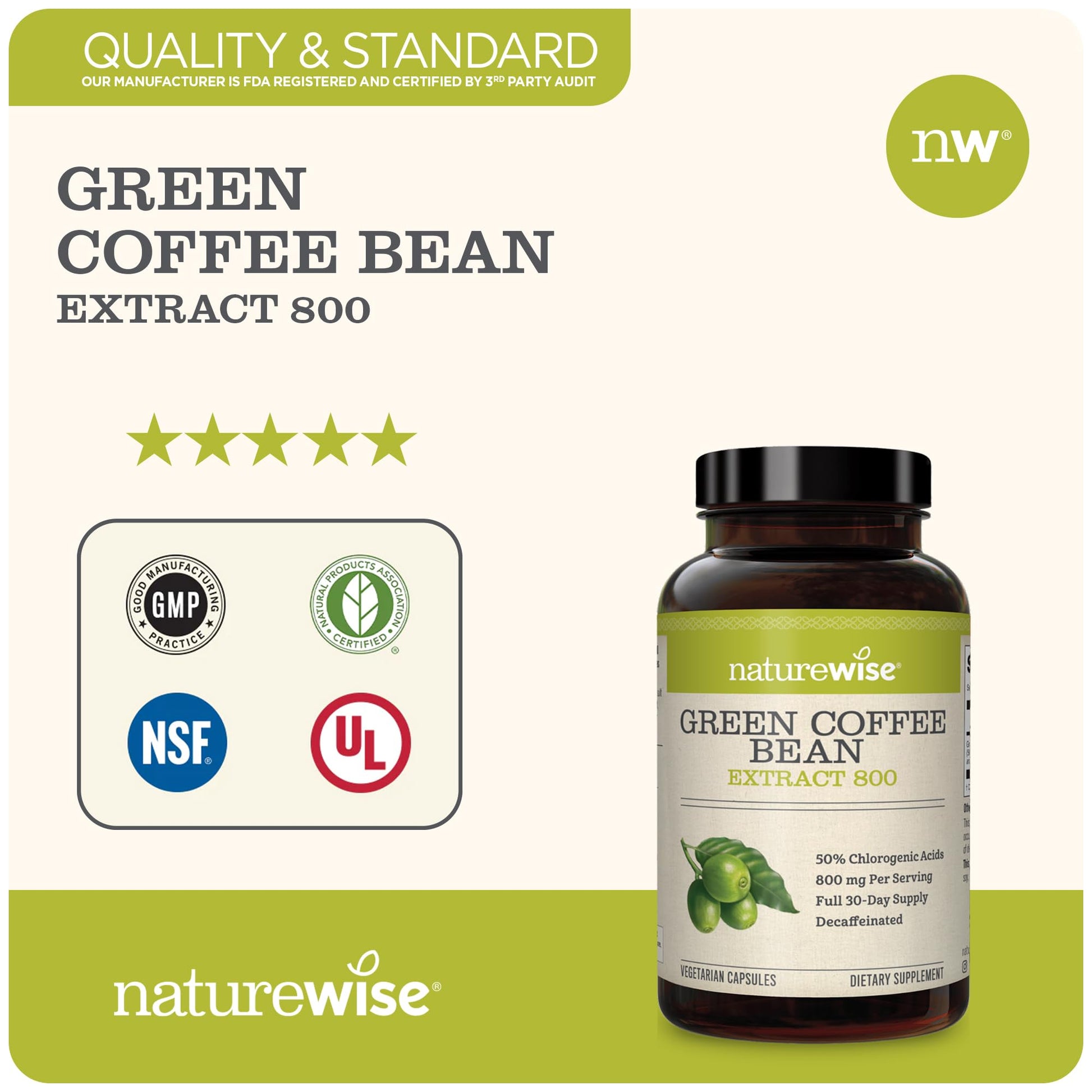 NatureWise Green Coffee Bean 800mg Max Potency Extract 50% Chlorogenic Acids NatureWise