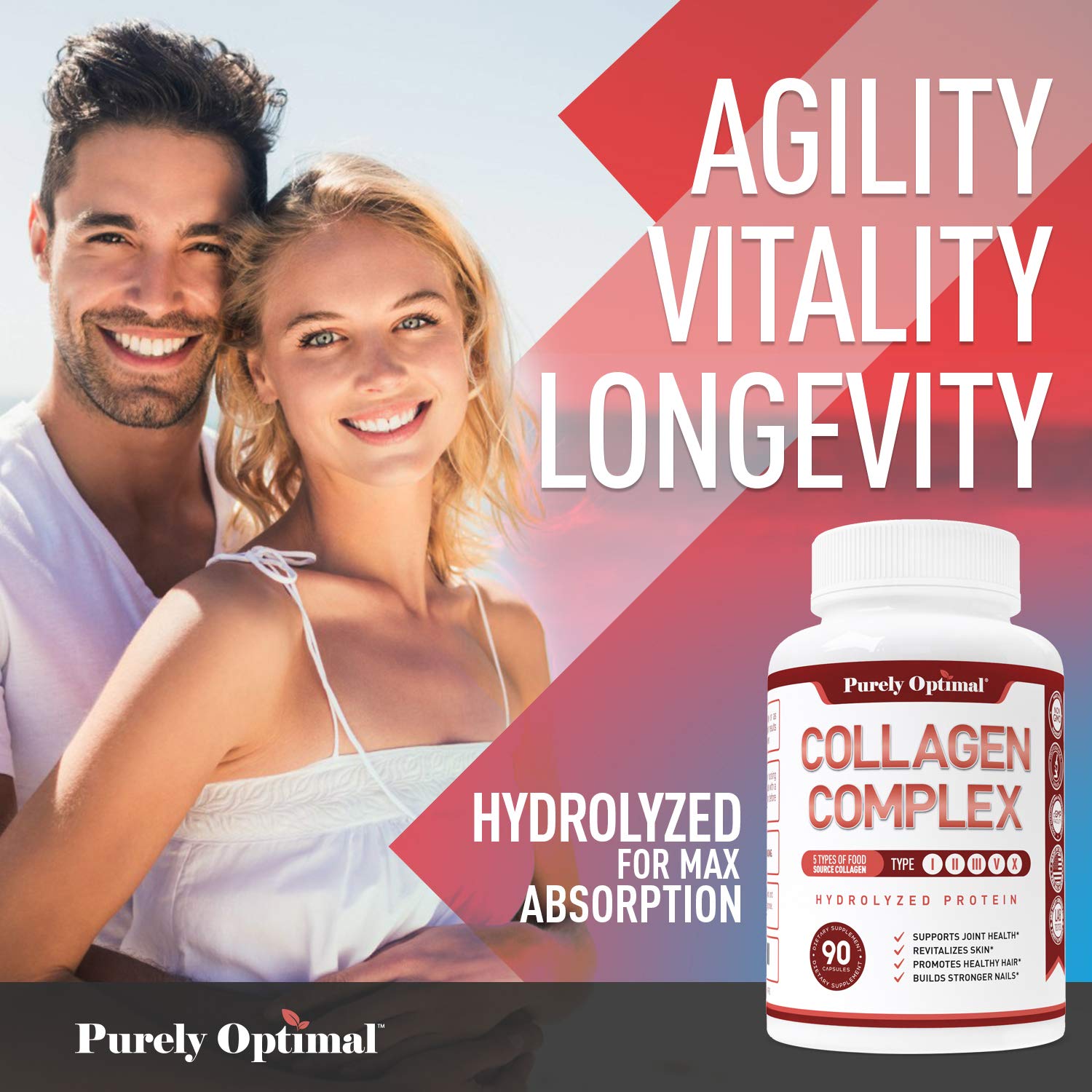 Purely Optimal Premium Multi Collagen Peptides Capsules (Types I, II, III, V, X) - Hair Purely Optimal