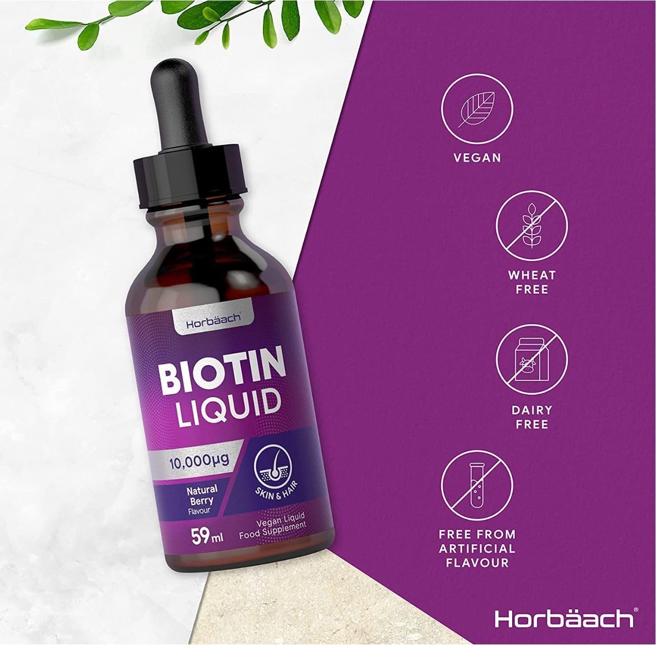 Biotin Liquid Drops for Hair & Skin Support | 10000 mcg Supplement | 59 ml Vitamin B7 Horbäach