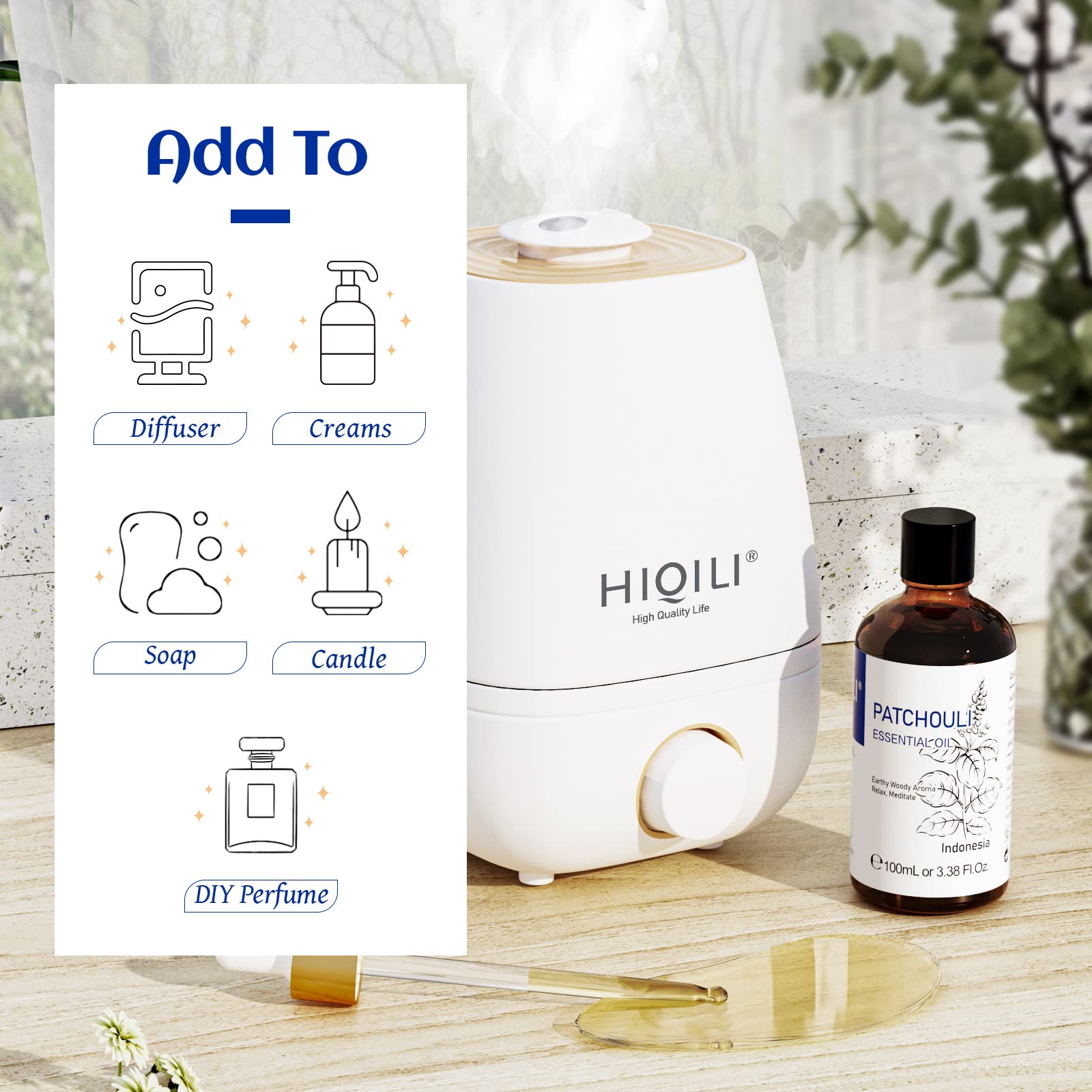 HIQILI Patchouli Essential Oil 100ML, Pure Natural, for Perfume Making, Diffuser and Skin HIQILI