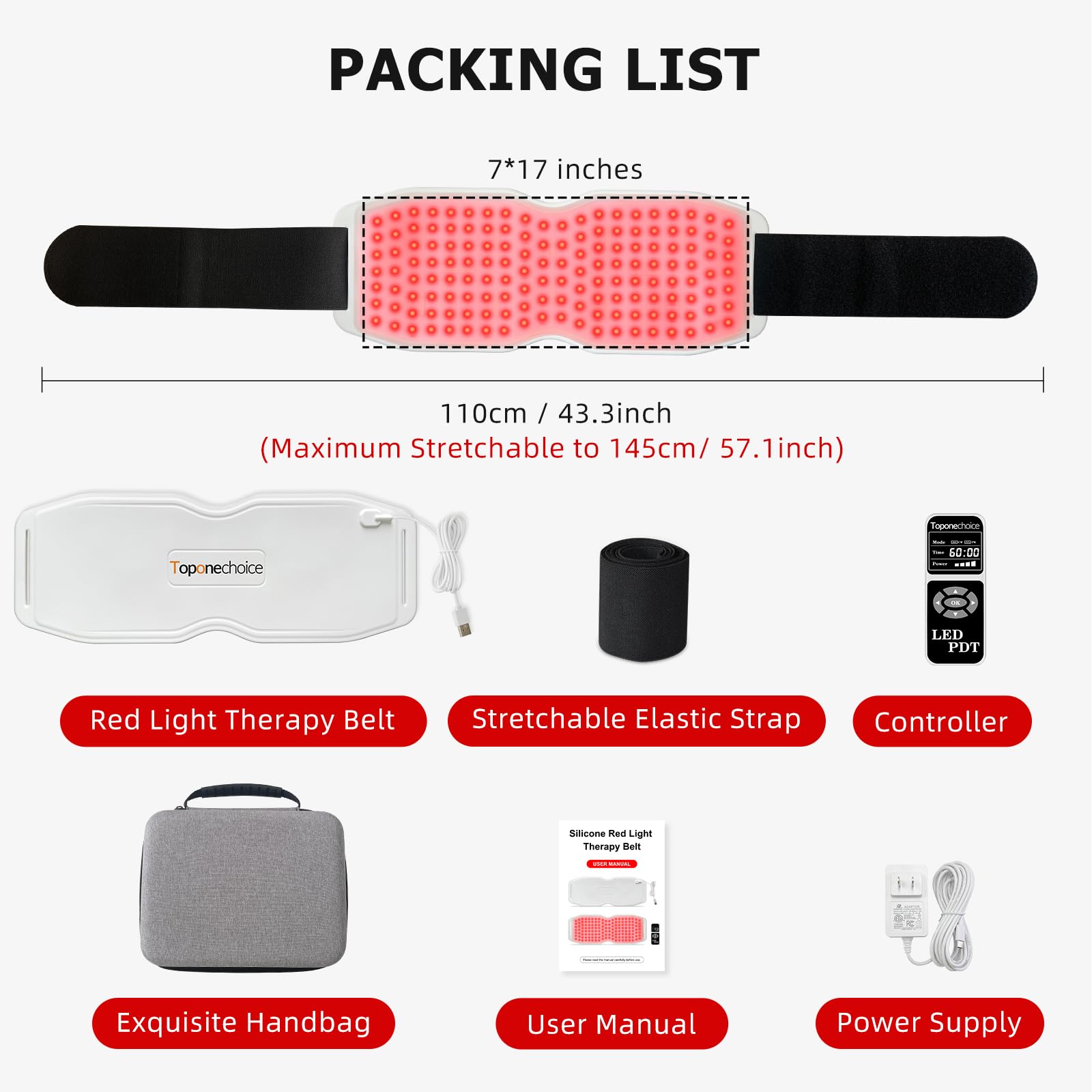 Toponechoice Red Light Therapy Belt, 450pcs 660nm 850nm 940nm, Infrared Light Therapy Toponechoice