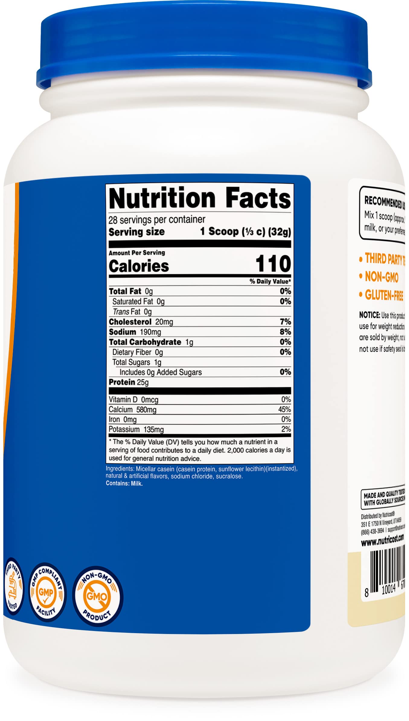 Nutricost Casein Protein Powder 2lb Vanilla - Micellar Casein, Gluten Free, Non-GMO Nutricost