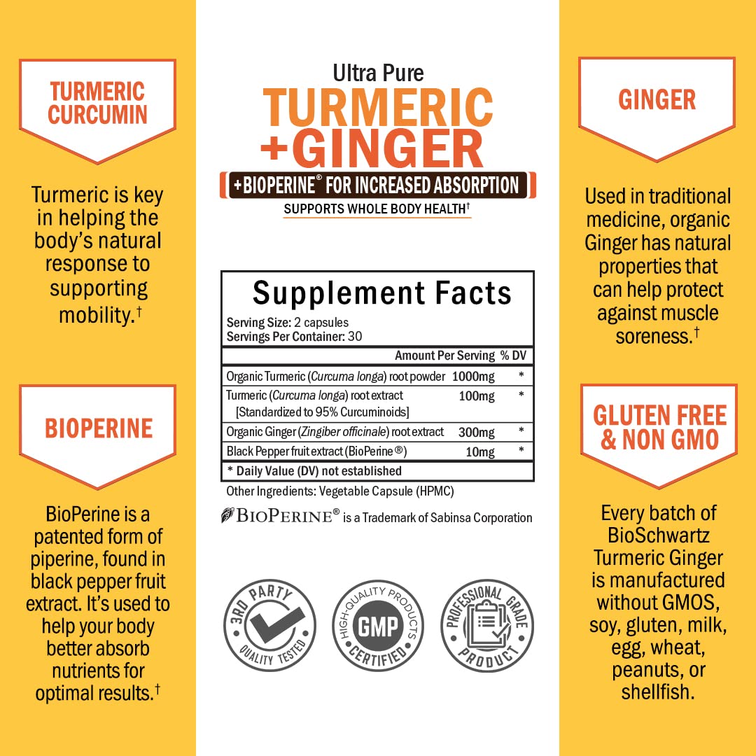 Organic Turmeric Curcumin and Ginger - 95% Standardized Curcuminoids with BioPerine BioSchwartz