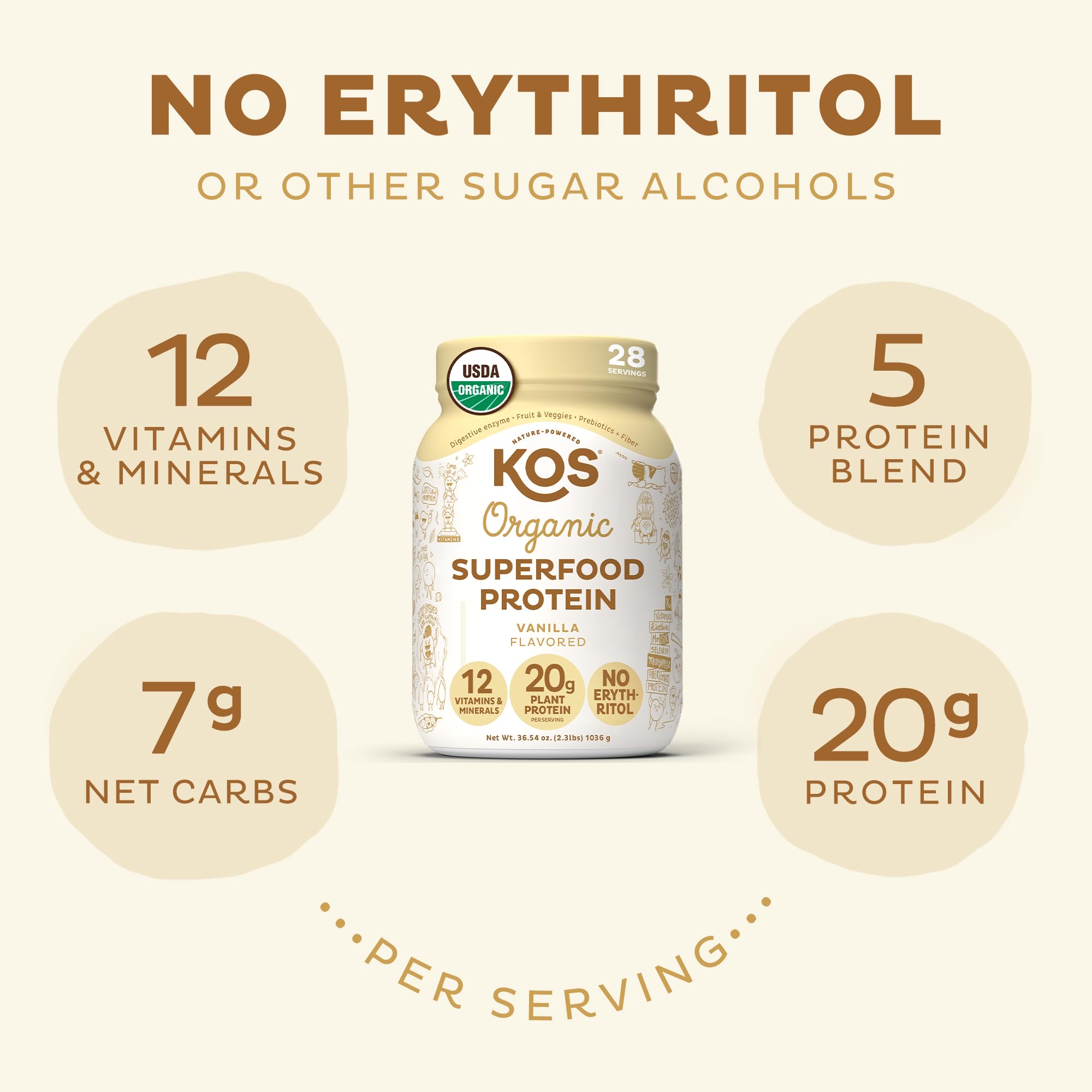 KOS Vegan Protein Powder Erythritol Free, Vanilla USDA Organic - Pea Protein Blend KOS
